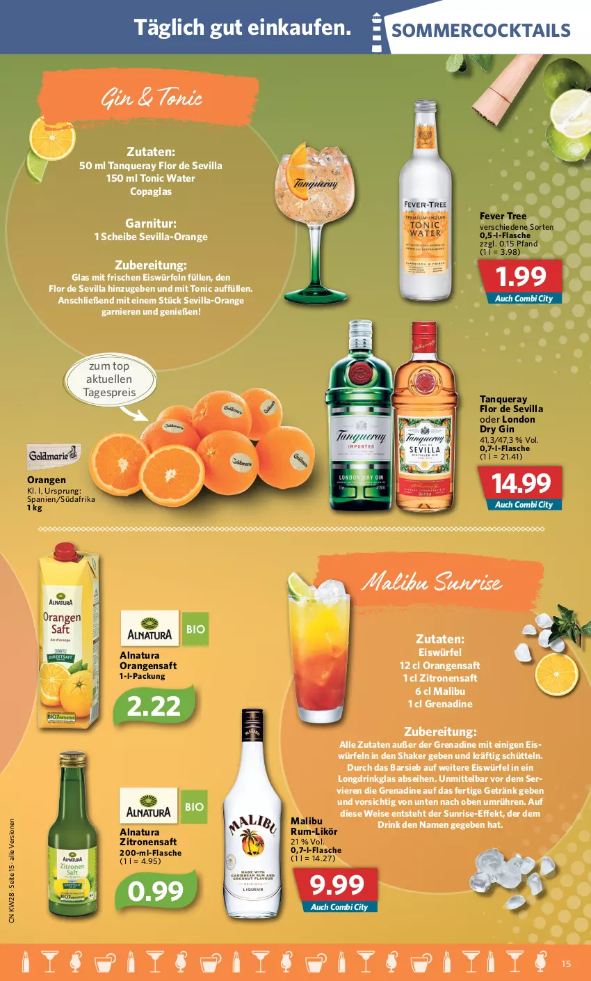 Aktueller Prospekt Combi - Prospekte - von 11.07 bis 16.07.2022 - strona 15 - produkty: cocktail, cocktails, drink, dry gin, eis, eiswürfel, elle, flasche, garnier, garnitur, getränk, gin, likör, london dry, london dry gin, Malibu, natur, natura, orange, orangen, orangensaft, reis, rum, saft, shake, Tanqueray, Ti, tonic, tonic water, würfel, zitrone, zitronen, zitronensaft