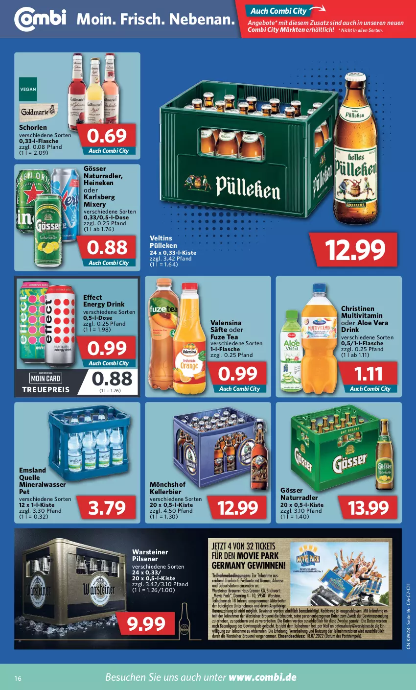 Aktueller Prospekt Combi - Prospekte - von 11.07 bis 16.07.2022 - strona 16 - produkty: aloe vera, Alwa, angebot, angebote, bier, drink, Effect, eis, elle, energy drink, flasche, fuze tea, gösser, heineken, karlsberg, karlsberg mixery, kellerbier, mineralwasser, Mixer, mixery, mönchshof, natur, pils, pilsener, radler, reis, säfte, schorle, steiner, Ti, valensina, veltins, vita, warsteiner, wasser