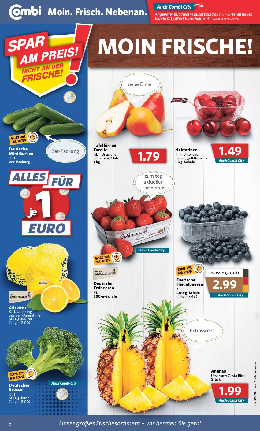 Aktueller Prospekt Combi - Prospekte - von 11.07 bis 16.07.2022 - strona 2 - produkty: ananas, angebot, angebote, beere, beeren, beutel, Birnen, broccoli, eis, elle, erdbeere, erdbeeren, fleisch, forelle, gurke, gurken, heidelbeere, heidelbeeren, Nektar, nektarinen, reis, rel, Schal, Schale, tafelbirnen, Ti, zitrone, zitronen