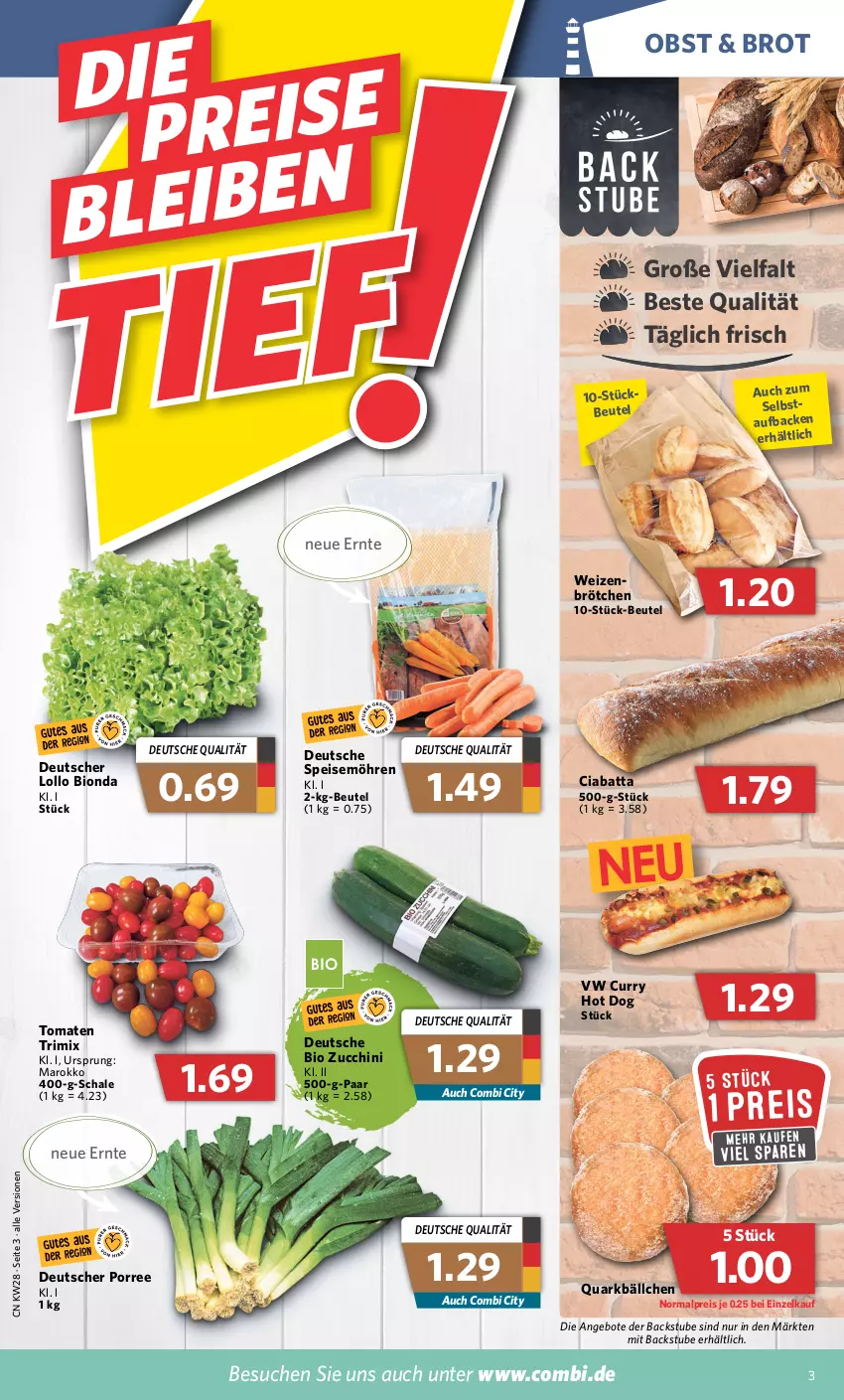 Aktueller Prospekt Combi - Prospekte - von 11.07 bis 16.07.2022 - strona 3 - produkty: angebot, angebote, beutel, bio, brot, brötchen, ciabatta, curry, eis, hot dog, möhren, obst, quark, reis, Schal, Schale, speisemöhren, stube, tomate, tomaten, zucchini