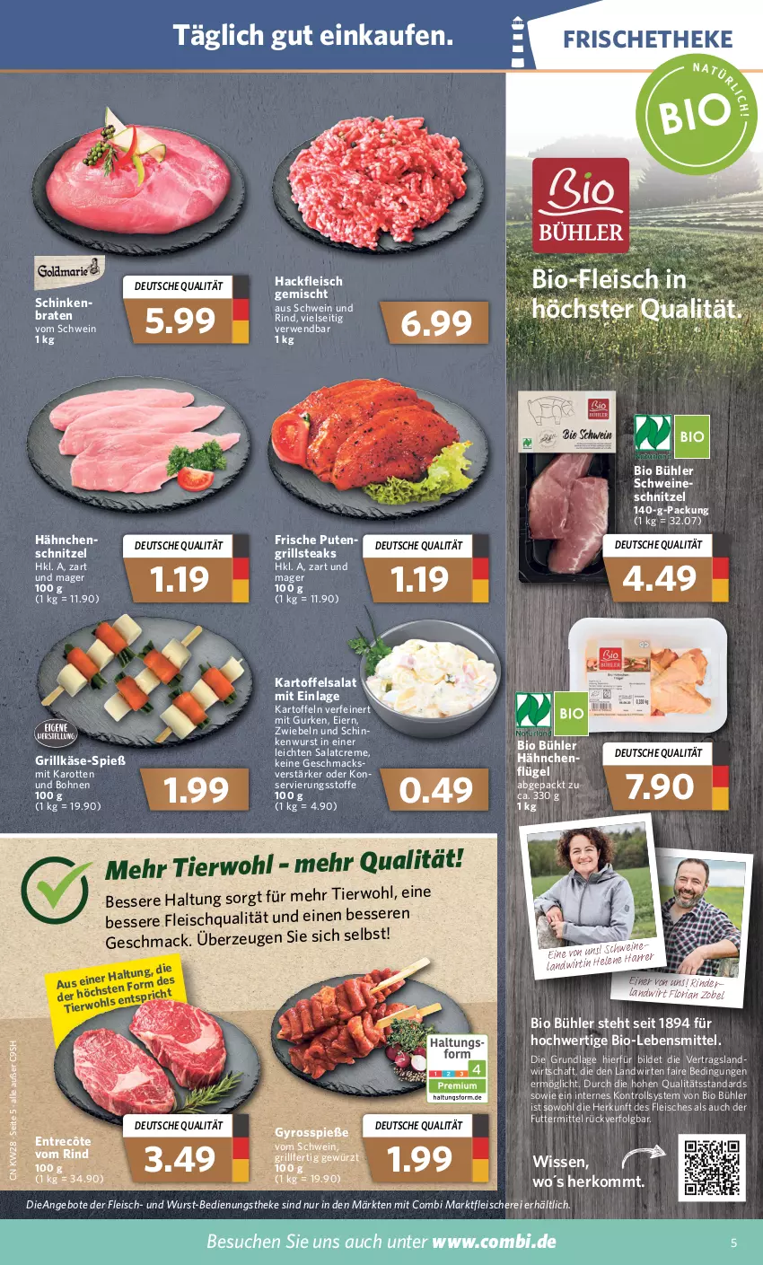 Aktueller Prospekt Combi - Prospekte - von 11.07 bis 16.07.2022 - strona 5 - produkty: angebot, angebote, bio, bohne, bohnen, braten, creme, eier, eis, entrecôte, fleisch, Fleischerei, gewürz, grill, Grillkäse, gurke, gurken, gyros, hackfleisch, hackfleisch gemischt, Hähnchenschnitzel, karotten, kartoffel, kartoffeln, kartoffelsalat, Käse, lebensmittel, LG, mac, pute, Ria, rind, rinder, rwe, salat, salatcreme, Schere, schinken, schinkenbraten, schinkenwurst, schnitzel, schwein, schwein und rind, schweine, steak, steaks, Ti, wein, weine, wurst, zwiebel, zwiebeln