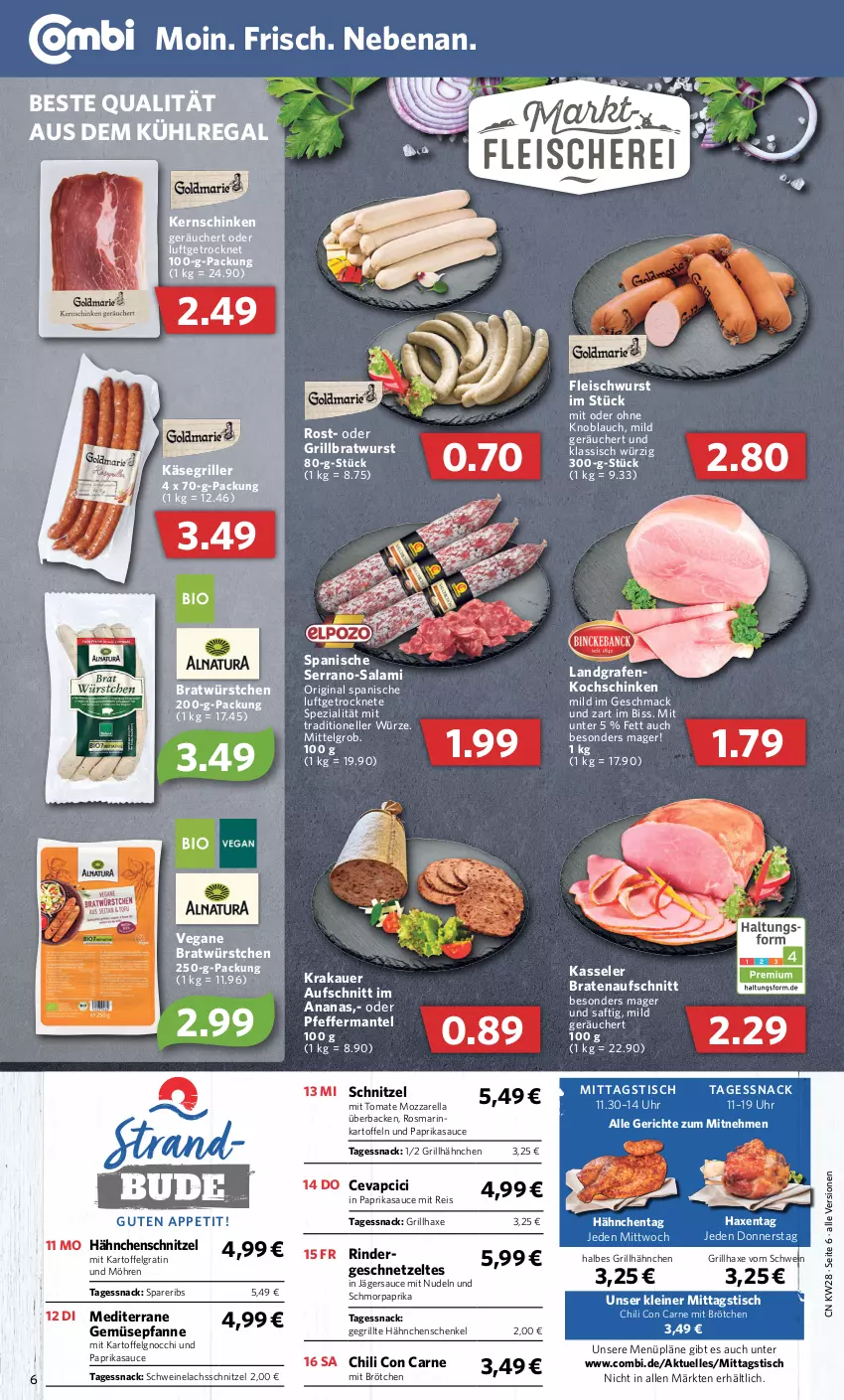 Aktueller Prospekt Combi - Prospekte - von 11.07 bis 16.07.2022 - strona 6 - produkty: ananas, auer, aufschnitt, aus dem kühlregal, axe, braten, bratenaufschnitt, bratwurst, brötchen, cevapcici, chili, eis, elle, fleisch, fleischwurst, Gegrillte Hähnchenschenkel, geschnetzeltes, gin, gnocchi, grill, grillbratwurst, grillhähnchen, grillhaxe, hähnchenschenkel, Hähnchenschnitzel, Haxe, henkel, kartoffel, kartoffeln, Käse, kasseler, kernschinken, knoblauch, kochschinken, krakauer, kühlregal, lachs, leine, LG, mac, Mantel, mit oder ohne knoblauch, möhren, mozzarella, nudel, nudeln, paprika, pfanne, pfeffer, regal, reis, rel, rind, rinder, rosmarin, saft, salami, sauce, schenkel, schinken, schnitzel, schwein, schweine, Schweinelachs, serrano, snack, spareribs, Spezi, Ti, tisch, tomate, uhr, wein, weine, wurst, würstchen, Zelt