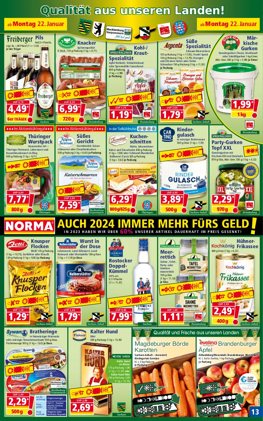 Aktueller Prospekt Norma - Norma - von 22.01 bis 29.01.2024 - strona 13 - produkty: apfel, auer, Bau, Bauer, beere, braten, Bratheringe, burger, cassis, dell, eier, eimer, eis, erdbeere, fisch, fische, flasche, frucht, Garten, gelee, Germ, gewürz, Gewürzgurke, gewürzgurken, gulasch, gurke, gurken, Hausmacher, hering, hühner, Kaiser, karotten, knacker, knoblauch, Knödel, kokos, Kraut, kuchen, Kuchenschnitte, kühlregal, leberwurst, LG, mac, mandarine, marinade, meerrettich, mortadella, nerf, Nordsee, obst, orange, orangen, Pfannkuchen, pils, regal, reis, Rettich, rind, rinder, rindergulasch, ring, Rostocker, rotkohl, Rotwurst, sac, sahne, salz, sauce, Sauerkraut, schmand, schnitten, Speck, Spezi, spitzenqualität, spreewälder, Stier, Ti, tiefpreis, Tiere, tomate, tomaten, topf, Waage, wurst, zitrone, zitronen, zwiebel, zwiebeln