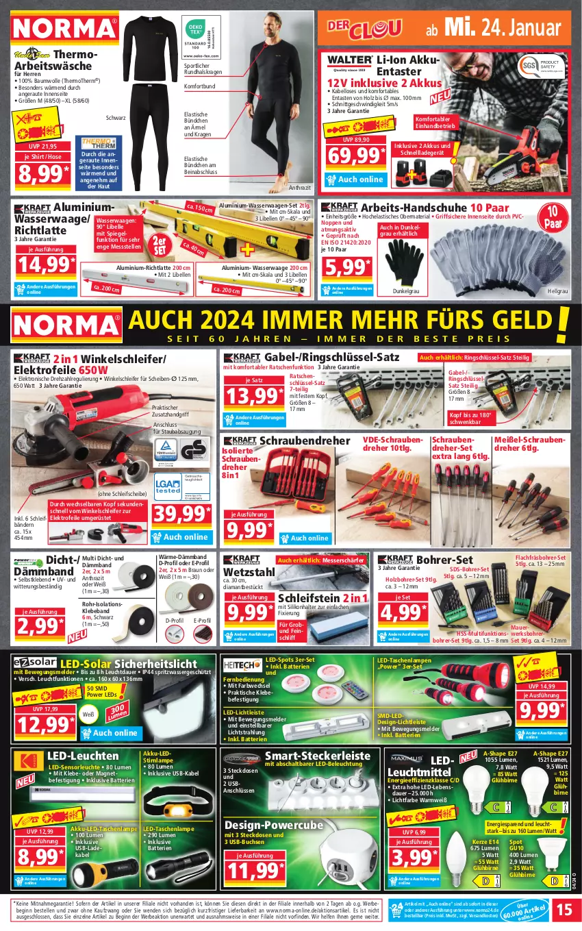 Aktueller Prospekt Norma - Norma - von 22.01 bis 29.01.2024 - strona 15 - produkty: akku, asti, auer, batterie, batterien, Bau, baumwolle, Beba, Bebe, beleuchtung, Bohrer-Set, braun, buch, deka, eis, Elektro, elle, fernbedienung, gabel, gin, handschuhe, Hela, Holz, hose, kerze, ladegerät, ladekabel, Lampe, latte, led-beleuchtung, LED-Leuchte, led-licht, leds, Leuchte, leuchten, leuchtmittel, LG, messer, ndk, reis, Ria, ring, Ringschlüsselsatz, Schal, schnellladegerät, schrauben, Schraubendreher, schuhe, shirt, spiegel, Sport, steckdose, Tasche, taschen, taschenlampe, Ti, tisch, usb, Waage, wasser, Winkelschleifer, wolle