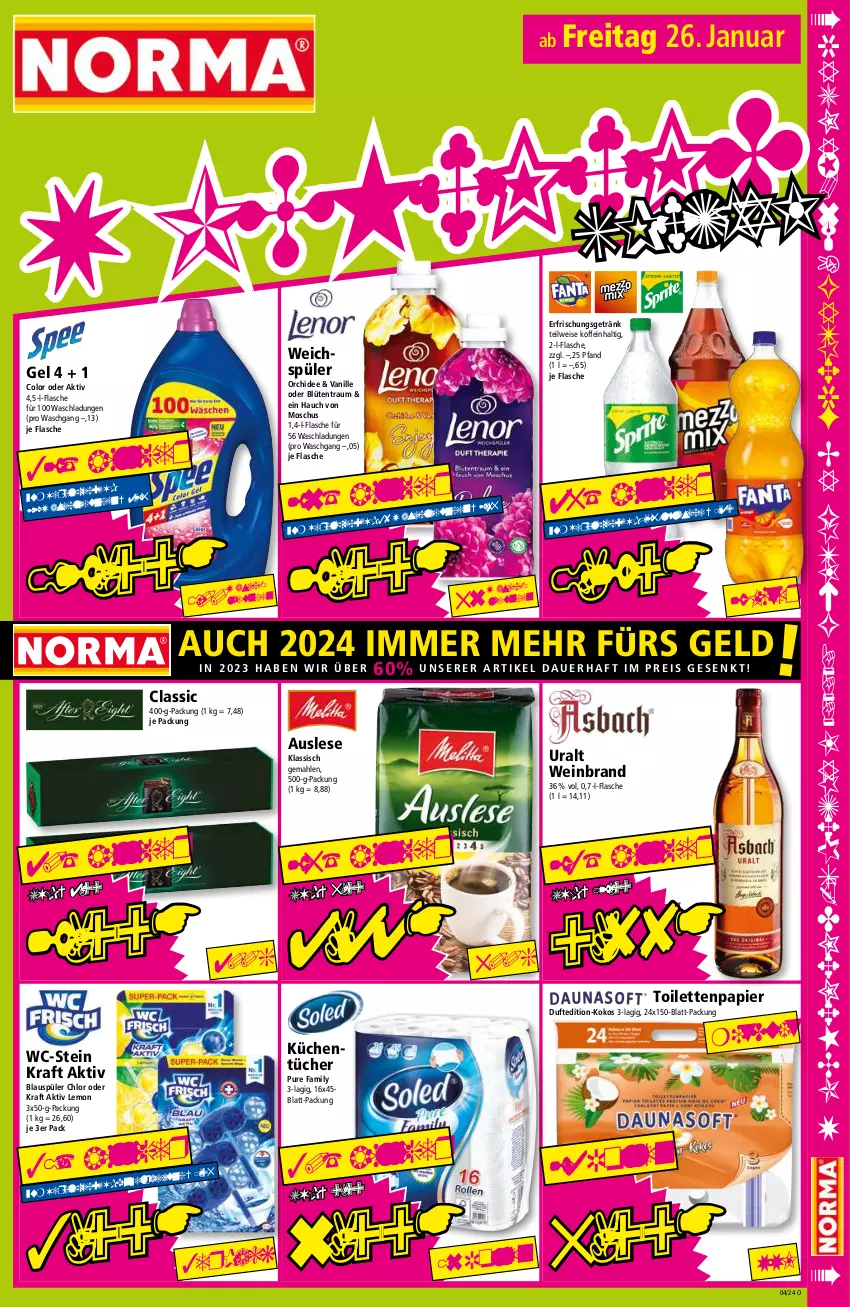 Aktueller Prospekt Norma - Norma - von 22.01 bis 29.01.2024 - strona 17 - produkty: auer, Blüte, eis, erfrischungsgetränk, flasche, getränk, kokos, kraft, küche, Küchen, küchentücher, orchidee, papier, reis, Ti, toilettenpapier, tücher, vanille, weichspüler, wein, weinbrand