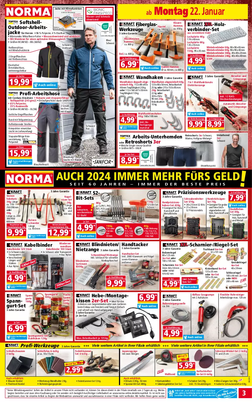 Aktueller Prospekt Norma - Norma - von 22.01 bis 29.01.2024 - strona 3 - produkty: abis, Anzug, asti, auto, Bau, baumwolle, Bebe, Bitset, Blasebalg, Bohrer-Set, dell, eis, Elan, elle, fenster, gin, gsw, hemd, hemden, Holz, hose, HP, Jacke, kissen, Klammern, lamm, latte, LG, Mode, ndk, reifen, reiniger, Reinigung, reis, retroshorts, Ria, riegel, rum, rwe, Säbelsäge, säge, schrauben, Schraubendreher, schwamm, shake, shorts, Spezi, Spiele, stichsäge, Stier, Tasche, taschen, teller, Ti, Tiere, tisch, Unterhemd, unterhemden, wasser, werkzeug, werkzeuge, Windschutz, wolle, Zangen