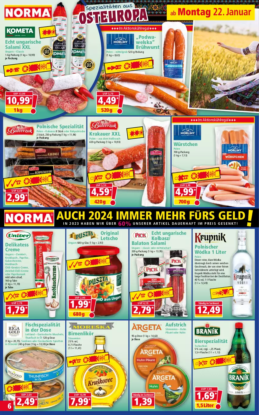 Aktueller Prospekt Norma - Norma - von 22.01 bis 29.01.2024 - strona 6 - produkty: auer, aufstrich, Balaton, bier, Birnen, Brühwurst, chili, creme, eis, fisch, flasche, gewürz, gin, gulasch, Gulaschcreme, HP, in olivenöl, kabanos, knoblauch, krakauer, kühlregal, Letscho, LG, likör, mac, Muscheln, olive, oliven, olivenöl, paprika, Rauch, regal, reis, salami, Sardinen, Spezi, Sprotten, thunfisch, Ti, Ungarische Salami, Wels, wurst, würstchen, zwiebel