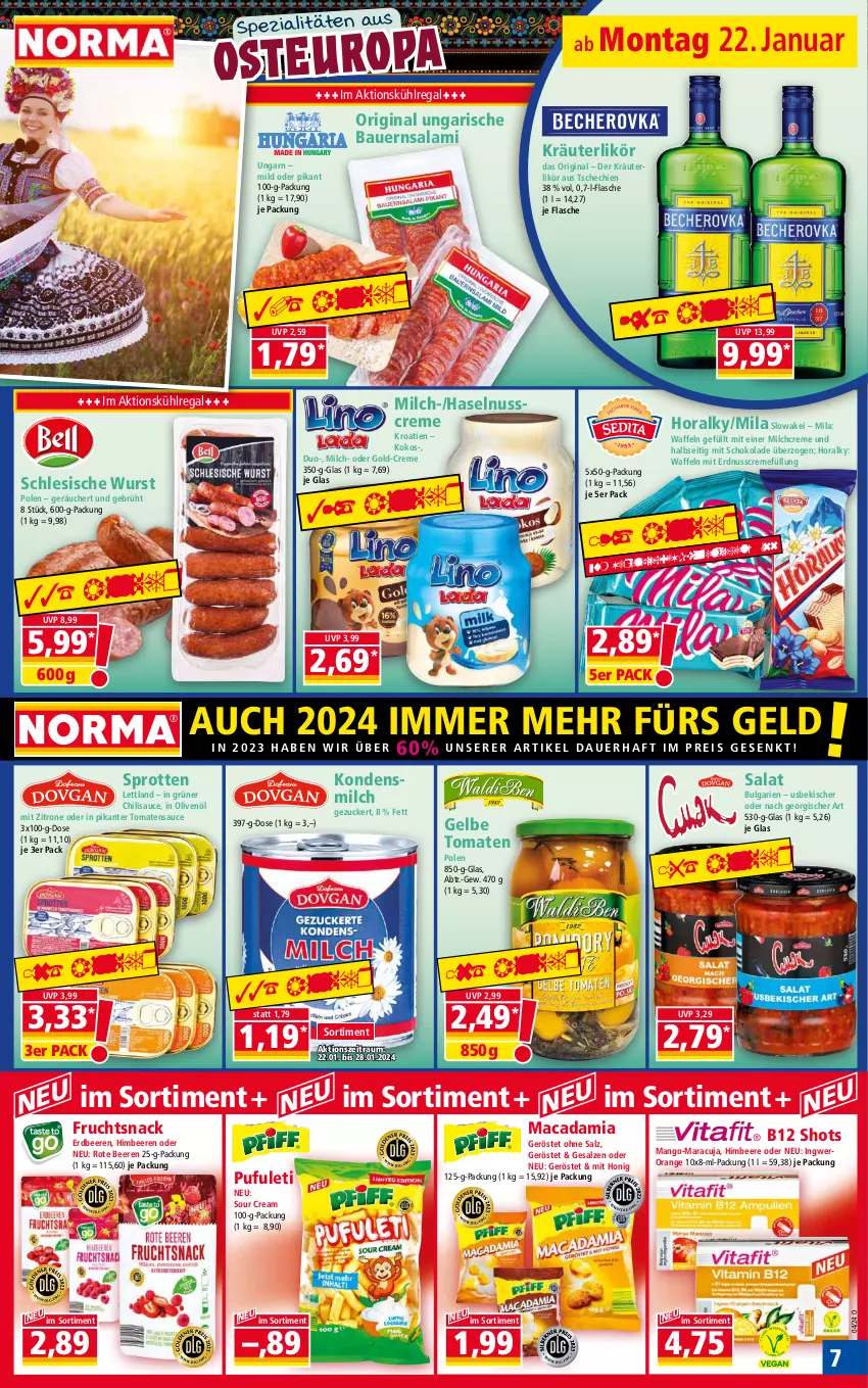 Aktueller Prospekt Norma - Norma - von 22.01 bis 29.01.2024 - strona 7 - produkty: auer, Bau, Bauer, beere, beeren, chili, creme, eis, erdbeere, erdbeeren, erdnuss, flasche, frucht, gin, haselnuss, Haselnusscreme, himbeer, himbeere, himbeeren, honig, in olivenöl, ingwer, kokos, kondensmilch, kräuter, kräuterlikör, kühlregal, LG, likör, mac, macadamia, mango, maracuja, milch, nuss, olive, oliven, olivenöl, orange, regal, reis, riegel, salami, salat, salz, sauce, schoko, schokolade, snack, sour cream, Spezi, Sprotten, Ti, tomate, tomaten, tomatensauce, usb, waffeln, wurst, zitrone, zucker