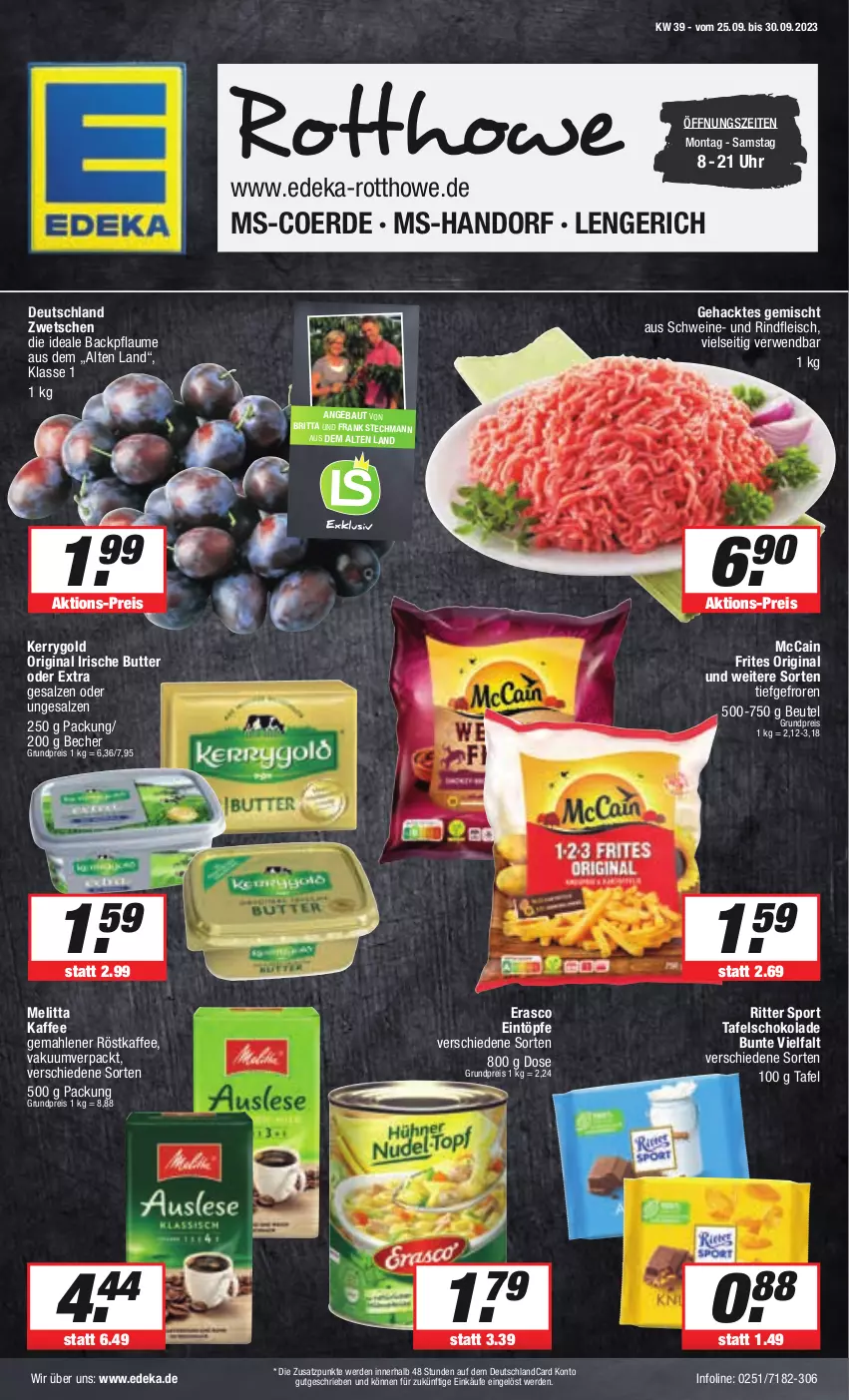 Aktueller Prospekt E Center - Angebote der Woche - von 25.09 bis 30.09.2023 - strona 1 - produkty: Bau, Becher, beutel, butter, deka, deutschlandcard, eintöpfe, eis, erasco, erde, fleisch, gin, irische butter, kaffee, kerrygold, mccain, melitta, pflaume, reis, rind, rindfleisch, ritter, ritter sport, röstkaffee, rwe, salz, schoko, schokolade, schwein, schweine, Sport, tafelschokolade, Ti, uhr, wein, weine