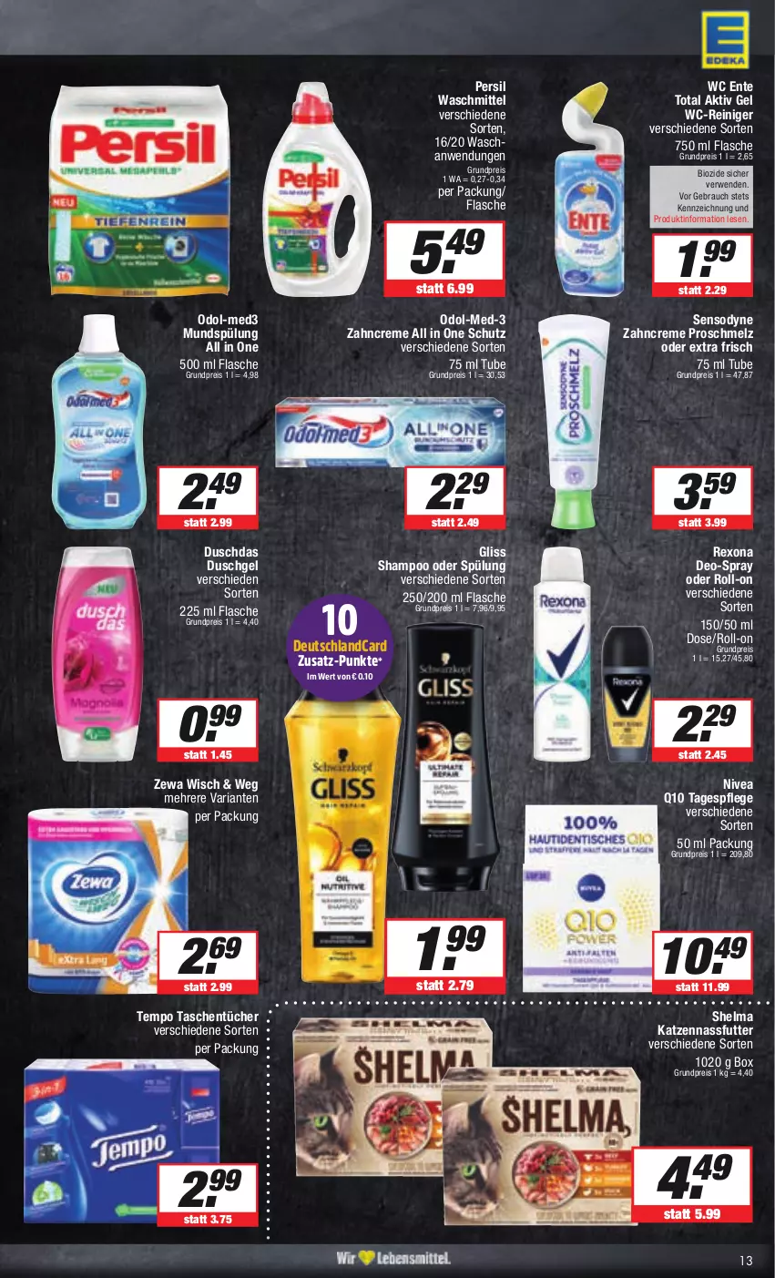 Aktueller Prospekt E Center - Angebote der Woche - von 25.09 bis 30.09.2023 - strona 13 - produkty: aktiv gel, bio, creme, deo, deutschlandcard, duschdas, duschgel, eis, ente, flasche, gliss, mundspülung, nassfutter, nivea, Odol, persil, persil waschmittel, Q10, Rauch, reiniger, reis, rexona, Ria, roll-on, rwe, sensodyne, shampoo, shampoo oder spülung, spülung, Tagespflege, Tasche, taschen, taschentücher, Tempo, Ti, tücher, waschmittel, wc ente, wc-reiniger, zahncreme, zewa