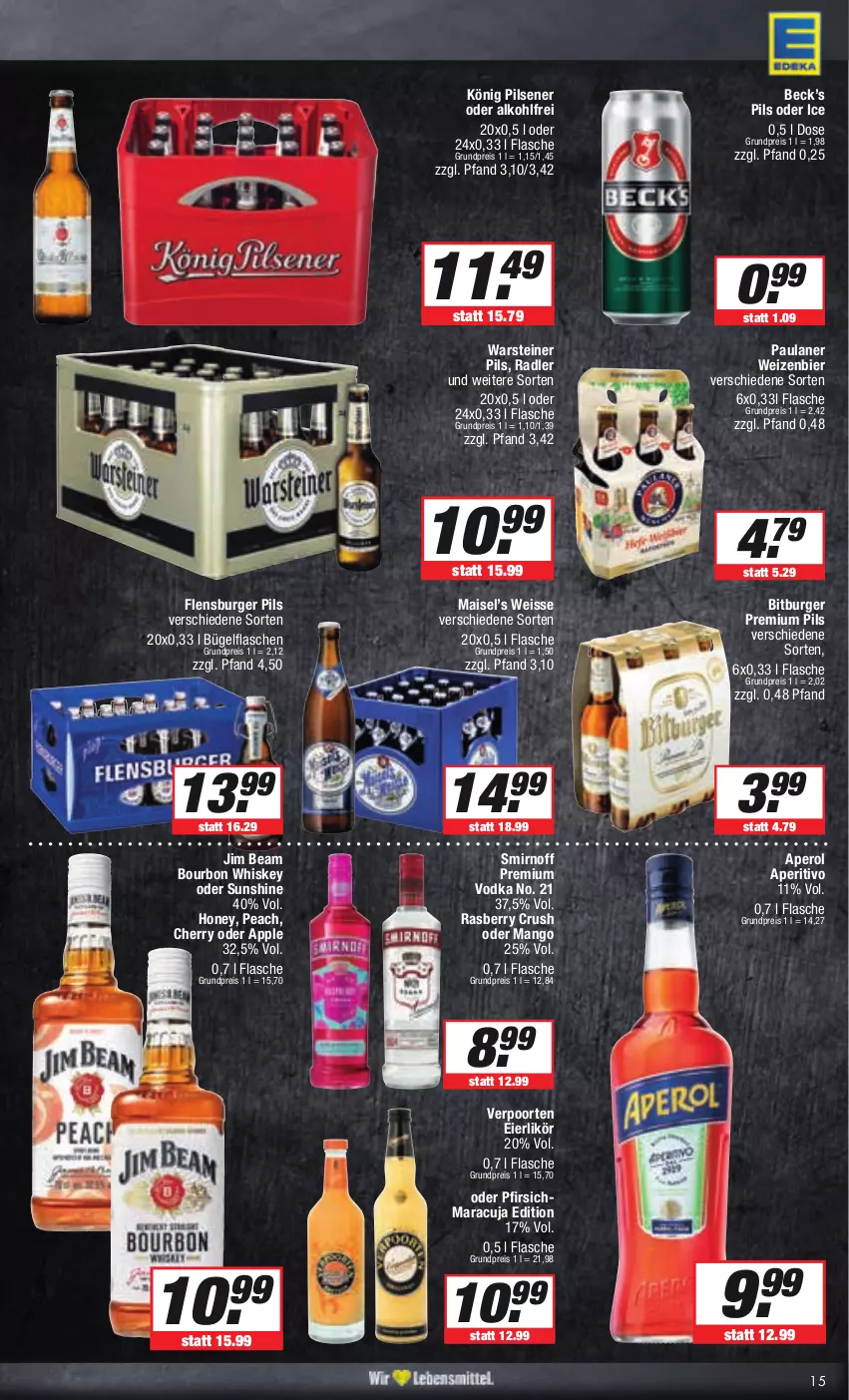 Aktueller Prospekt E Center - Angebote der Woche - von 25.09 bis 30.09.2023 - strona 15 - produkty: aperol, Apple, bier, bitburger, bourbon, bourbon whiskey, bügel, bügelflasche, burger, eier, eierlikör, eis, flasche, flensburger, jim beam, könig pilsener, likör, mais, mango, maracuja, Paula, paulaner, pfirsich, pils, pilsener, premium pils, premium vodka, radler, reis, smirnoff, steiner, sunshine, Ti, verpoorten, vodka, warsteiner, whiskey