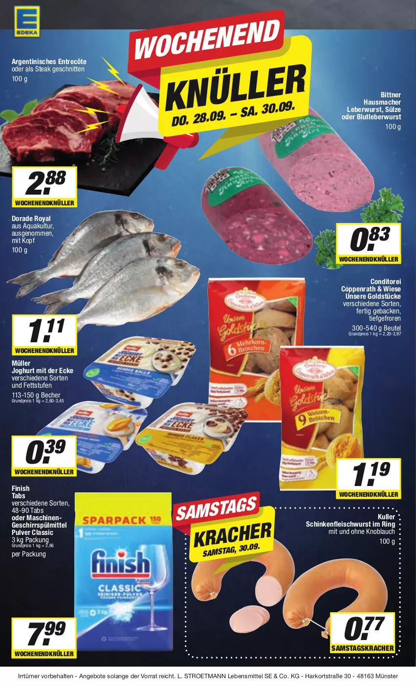 Aktueller Prospekt E Center - Angebote der Woche - von 25.09 bis 30.09.2023 - strona 16 - produkty: angebot, angebote, aqua, Becher, beutel, coppenrath, Dorade, dorade royal, eis, entrecôte, Finish, fleisch, fleischwurst, geback, geschirr, geschirrspülmittel, Goldstücke, Hausmacher, joghur, joghurt, joghurt mit der ecke, knoblauch, kracher, lebensmittel, leberwurst, mac, Müller, ndk, rama, reis, ring, schinken, schinkenfleischwurst, schnitten, spülmittel, steak, Ti, wurst