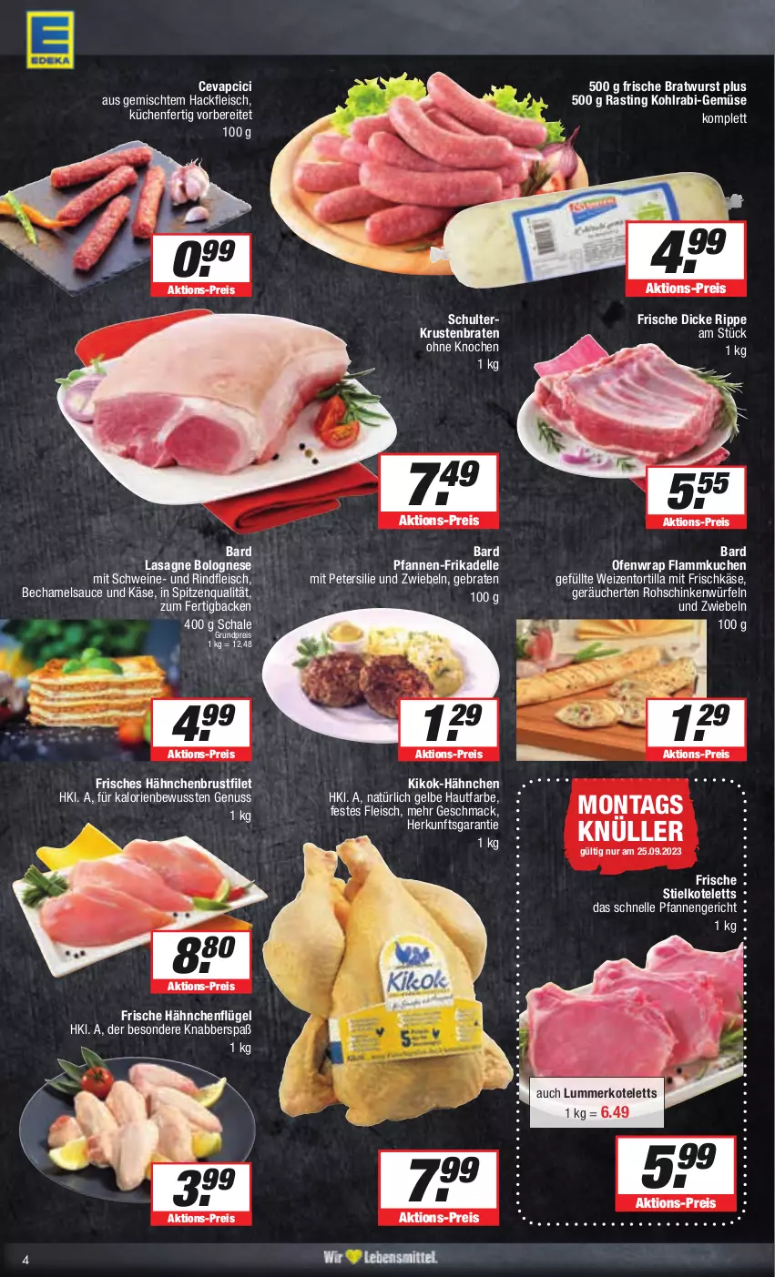 Aktueller Prospekt E Center - Angebote der Woche - von 25.09 bis 30.09.2023 - strona 4 - produkty: asti, bolognese, braten, bratwurst, brustfilet, cevapcici, dell, eis, elle, filet, flammkuchen, fleisch, Frische Hähnchen, frischkäse, hackfleisch, hähnchenbrust, hähnchenbrustfilet, hähnchenflügel, Käse, kohlrabi, kotelett, krustenbraten, küche, Küchen, kuchen, lamm, lasagne, mac, nuss, Ofen, petersilie, pfanne, pfannen, reis, rind, rindfleisch, rohschinken, sauce, Schal, Schale, schinken, schwein, schweine, spitzenqualität, Ti, tortilla, wein, weine, wrap, würfel, wurst, zwiebel, zwiebeln