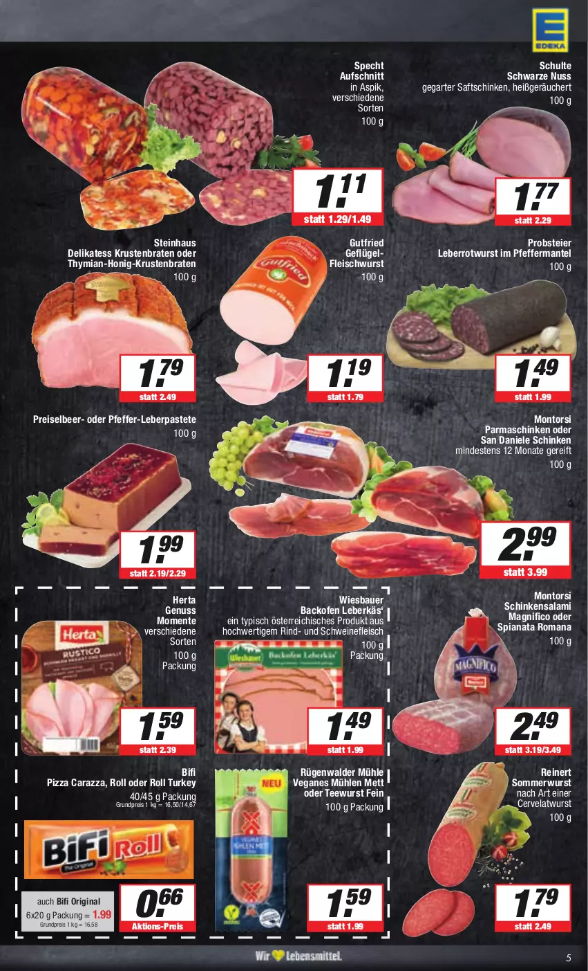 Aktueller Prospekt E Center - Angebote der Woche - von 25.09 bis 30.09.2023 - strona 5 - produkty: auer, aufschnitt, backofen, Bau, Bauer, bifi, braten, eier, eis, ente, fleisch, fleischwurst, Geflügel, gin, gutfried, herta, honig, krustenbraten, leberkäs, Mantel, Mett, montorsi, nuss, obst, Ofen, parmaschinken, pastete, pfeffer, pizza, reinert, reis, rind, Rotwurst, rügenwalder, rügenwalder mühle, saft, saftschinken, salami, schinken, schwein, schweine, schweinefleisch, specht, steinhaus, tee, teewurst, Ti, wein, weine, wiesbauer, wurst