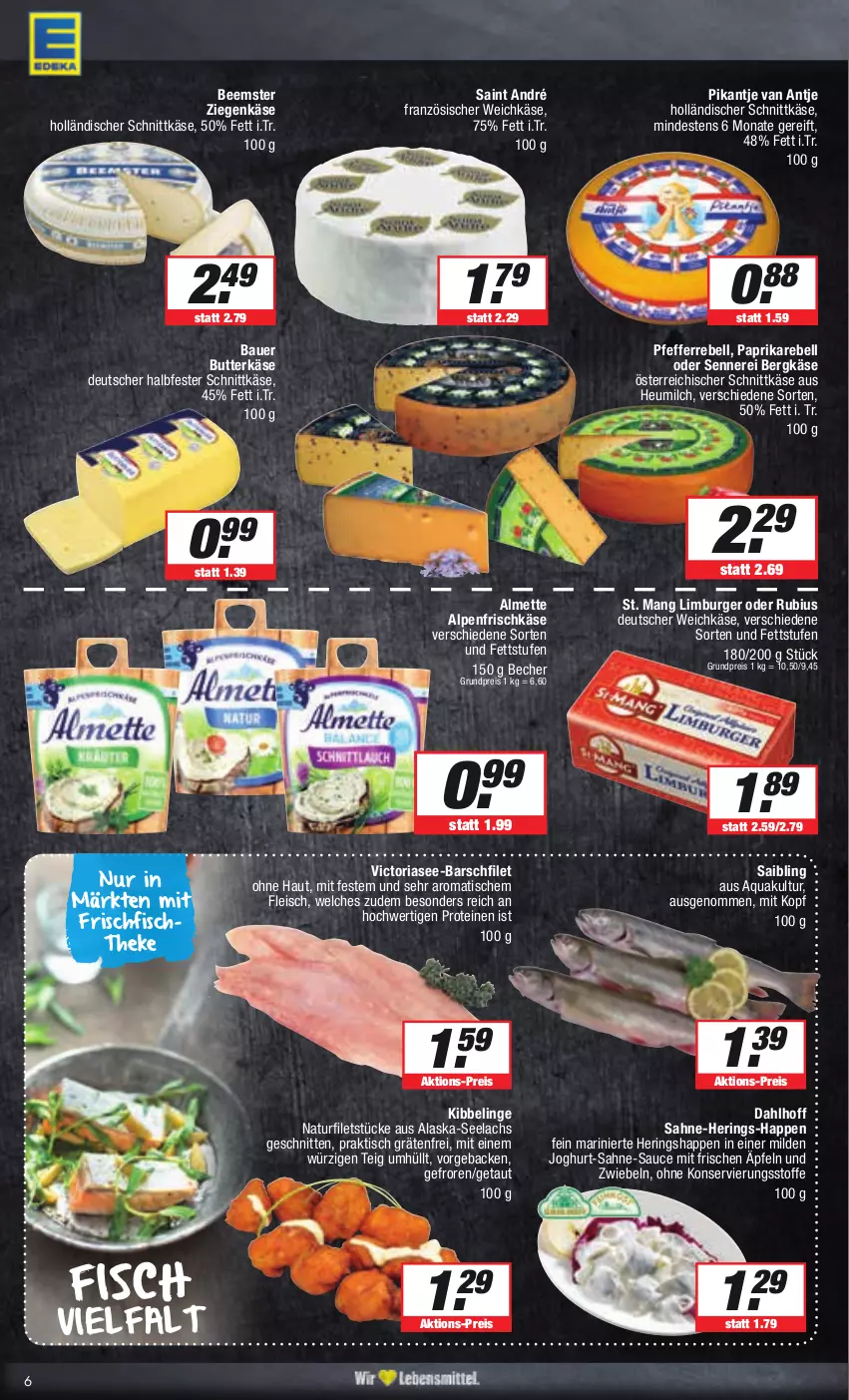 Aktueller Prospekt E Center - Angebote der Woche - von 25.09 bis 30.09.2023 - strona 6 - produkty: Alaska-Seelachs, almette, alpenfrischkäse, aqua, auer, Bau, Bauer, Becher, Beemster, Bergkäse, burger, butter, butterkäse, deutscher weichkäse, eis, filet, filets, fisch, fischtheke, fleisch, französischer weichkäse, frischfisch, frischkäse, geback, halbfester schnittkäse, hering, Herings, Heringshappen, Heu, heumilch, holländischer schnittkäse, joghur, joghurt, Käse, lachs, Limburger, Mett, milch, natur, österreichischer schnittkäse, paprika, pfeffer, rebell, reis, Ria, ring, Rubius, sahne, Saibling, sauce, schnitten, schnittkäse, St. Mang, Ti, tisch, weichkäse, ziegenkäse, zwiebel, zwiebeln