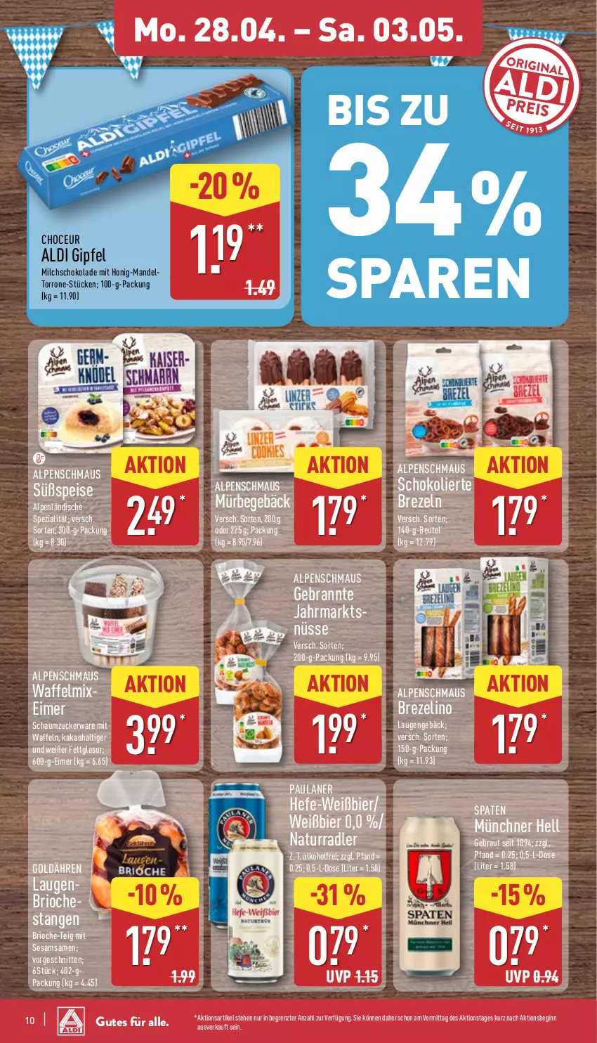 Aktueller Prospekt Aldi Nord - Von Montag - von 28.04 bis 03.05.2025 - strona 10 - produkty: aldi, alkohol, beutel, bier, brezel, Brezeln, eimer, eis, gin, Hefe, honig, kakao, mandel, Maus, milch, natur, Paula, paulaner, radler, Schaumzucker, schnitten, schoko, schokolade, sesam, Spaten, Spezi, Ti, waffeln, ZTE, zucker