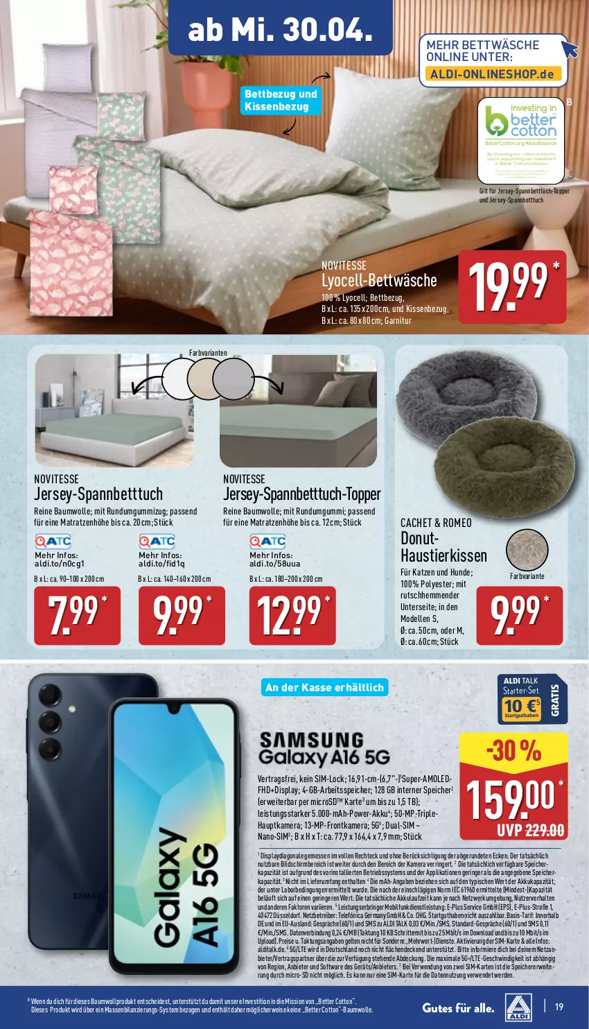 Aktueller Prospekt Aldi Nord - Von Montag - von 28.04 bis 03.05.2025 - strona 19 - produkty: akku, aldi, aldi talk, aust, Bau, baumwolle, Betriebssystem, bett, Betttuch, bettwäsche, decke, dell, Donut, dual-sim, eis, elle, erde, frontkamera, garnitur, Germ, hauptkamera, jersey-spannbetttuch, kamera, kissen, Kissenbezug, matratze, matratzen, microsd, Mode, reine baumwolle, reis, Ria, ring, rum, rwe, sim, Software, spannbetttuch, Stier, Ti, topper, tuc, wolle, Yo