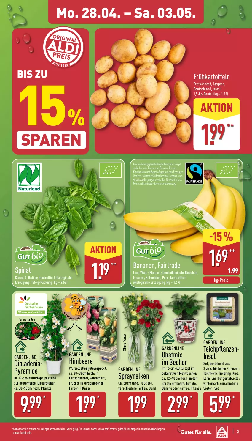 Aktueller Prospekt Aldi Nord - Von Montag - von 28.04 bis 03.05.2025 - strona 3 - produkty: auer, ball, banane, bananen, Bau, Bauer, Becher, beere, beutel, Blüte, dip, dipladenia, dünger, eis, erdbeere, früchte, Frühkartoffeln, gin, himbeer, himbeere, HP, kaffee, kartoffel, kartoffeln, korb, kulturtopf, obst, pflanze, pflanzen, reis, Ria, ring, spinat, tablet, tablett, Tablette, Ti, tomate, topf, trolli, Vase, ZTE