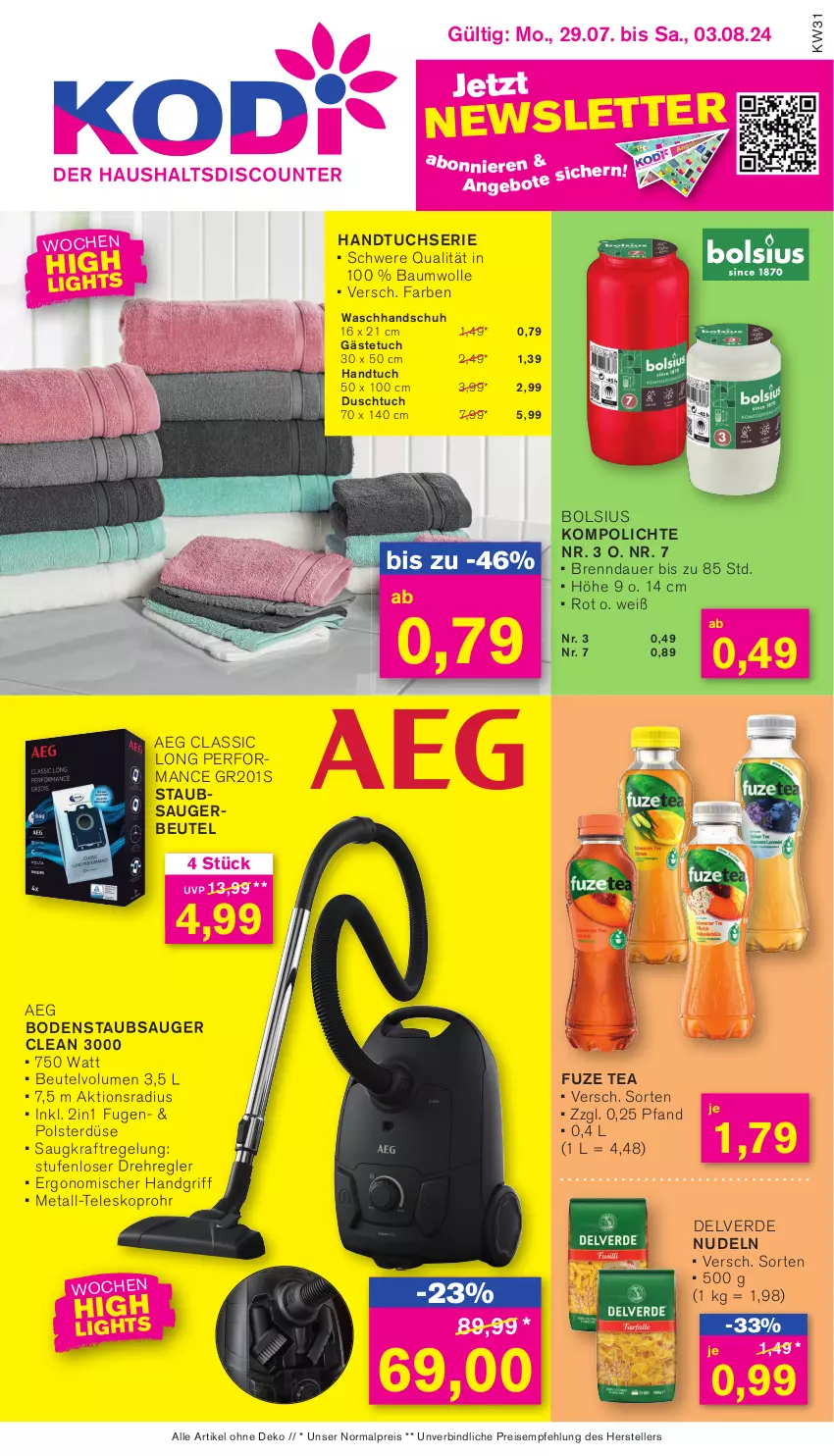 Aktueller Prospekt Kodi - Prospekte - von 29.07 bis 03.08.2024 - strona 1 - produkty: aeg, angebot, angebote, auer, auto, Bau, baumwolle, beutel, bodenstaubsauger, body, bree, Brei, bügel, duschtuch, edelstahl, eis, elle, erde, fuze tea, gästetuch, handtuch, Handtuchserie, Kinder, Klammern, Kocher, kraft, lamm, Leuchte, LG, maybach, nudel, nudeln, persil, perwoll, reis, Schal, slip, Slipper, Sport, staubsauger, staubsaugerbeutel, Tasche, tee, Teleskop, teller, Ti, tisch, Trockner, tuc, überhitzungsschutz, wäschetrockner, waschhandschuh, wasser, wasserkocher, wein, wolle