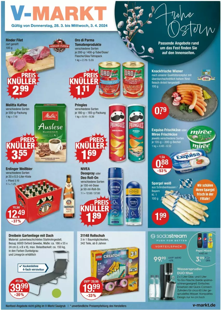 Aktueller Prospekt Vmarkt - Prospekte - von 28.03 bis 03.04.2024 - strona 1 - produkty: angebot, angebote, Bau, bier, deo, deo roll-on, deospray, eis, elle, erdinger, filet, flasche, Garten, gartenliege, kaffee, LG, Liege, melitta, nivea, oder deo roll-on, oro di parma, pringles, reis, Ria, rind, rinder, ring, roll-on, rückenlehne, spargel, Sprudel, teller, Ti, tomate, tomaten, wasser