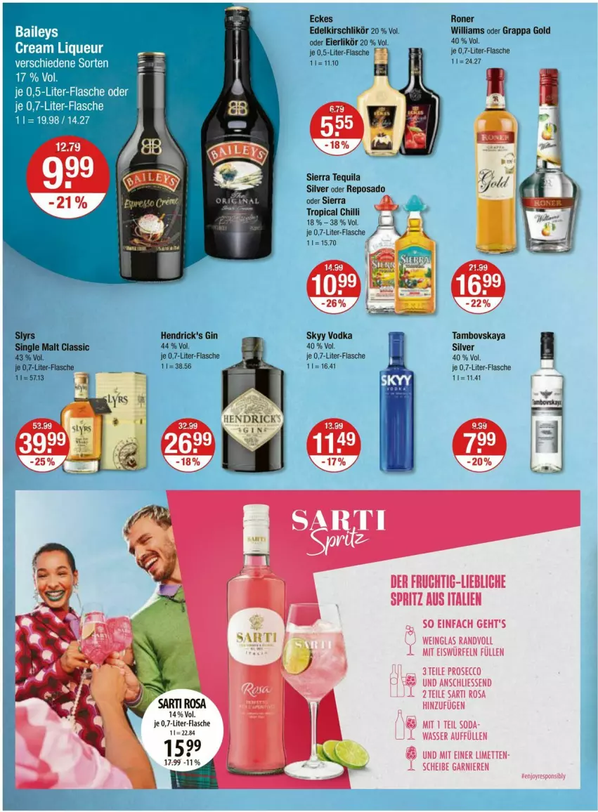 Aktueller Prospekt Vmarkt - Prospekte - von 28.03 bis 03.04.2024 - strona 10 - produkty: ecco, eier, eierlikör, eis, eiswürfel, flasche, frucht, garnier, gin, grappa, Hendrick's Gin, kirsch, Kirschlikör, likör, limette, limetten, Mett, metten, prosecco, Sierra, sierra tequila, single malt, skyy, Skyy Vodka, Soda, tequila, Ti, vodka, wasser, wein, würfel