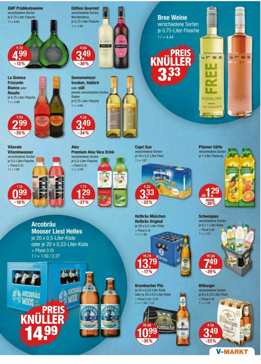 Aktueller Prospekt Vmarkt - Prospekte - von 28.03 bis 03.04.2024 - strona 11 - produkty: aloe vera, Bad, bitburger, burger, Cap, drink, flasche, frizzante, gin, krombache, krombacher, krombacher pils, La Gioiosa, pfanne, Pfanner, pils, rosato, säfte, schweppes, Ti, vita, wasser, wein, weine