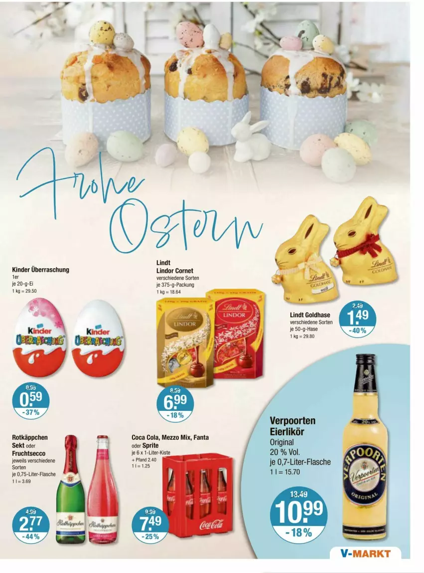 Aktueller Prospekt Vmarkt - Prospekte - von 28.03 bis 03.04.2024 - strona 13 - produkty: cola, ecco, fanta, flasche, frucht, fruchtsecco, gin, Kinder, lindor, lindt, Mezzo Mix, oder sprite, rotkäppchen, sekt, sprite, verpoorten