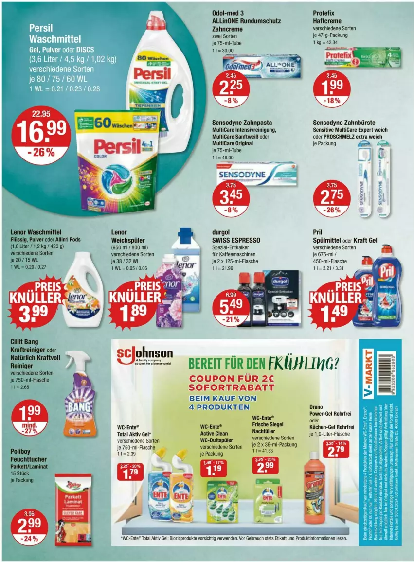 Aktueller Prospekt Vmarkt - Prospekte - von 28.03 bis 03.04.2024 - strona 14 - produkty: aktiv gel, bio, biozidprodukte, coupon, creme, ente, entkalker, espresso, flasche, gin, Haftcreme, kaffee, kaffeemaschine, kraft, laminat, lenor, lenor waschmittel, Odol, Odol-med 3, Pods, pril, rama, Rauch, Reinigung, rwe, Spezi, spülmittel, Ti, waschmittel, weichspüler, zahncreme