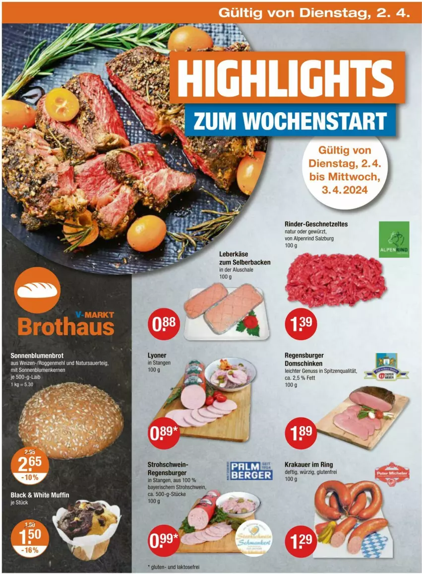 Aktueller Prospekt Vmarkt - Prospekte - von 28.03 bis 03.04.2024 - strona 26 - produkty: auer, Berger, blume, blumen, brot, burger, geschnetzeltes, gewürz, Käse, krakauer, lack, leberkäs, leberkäse, lyoner, mehl, Muffin, natur, nuss, regensburger, rind, rinder, ring, salz, Schal, Schale, schinken, schwein, sonnenblume, sonnenblumen, Sonnenblumenkerne, sonnenblumenkernen, spitzenqualität, Ti, wein, Yo, Zelt