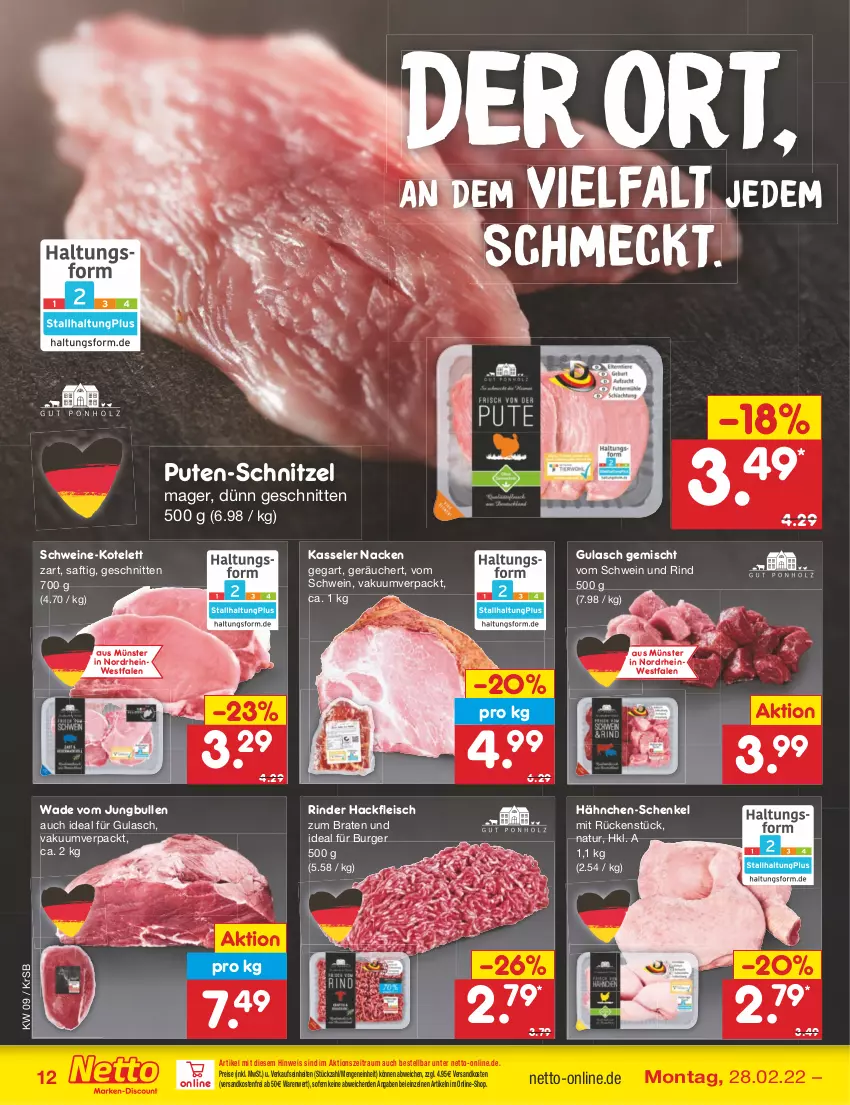 Aktueller Prospekt Netto Marken-Discount - Filial-Angebote - von 28.02 bis 05.03.2022 - strona 12 - produkty: braten, burger, eis, fleisch, gulasch, hackfleisch, hähnchen-schenkel, henkel, jungbullen, kasseler, kotelett, natur, ndk, pute, reis, rind, rinder, saft, schenkel, schnitten, schnitzel, schwein, schwein und rind, schweine, Ti, versandkostenfrei, vom schwein und rind, wein, weine