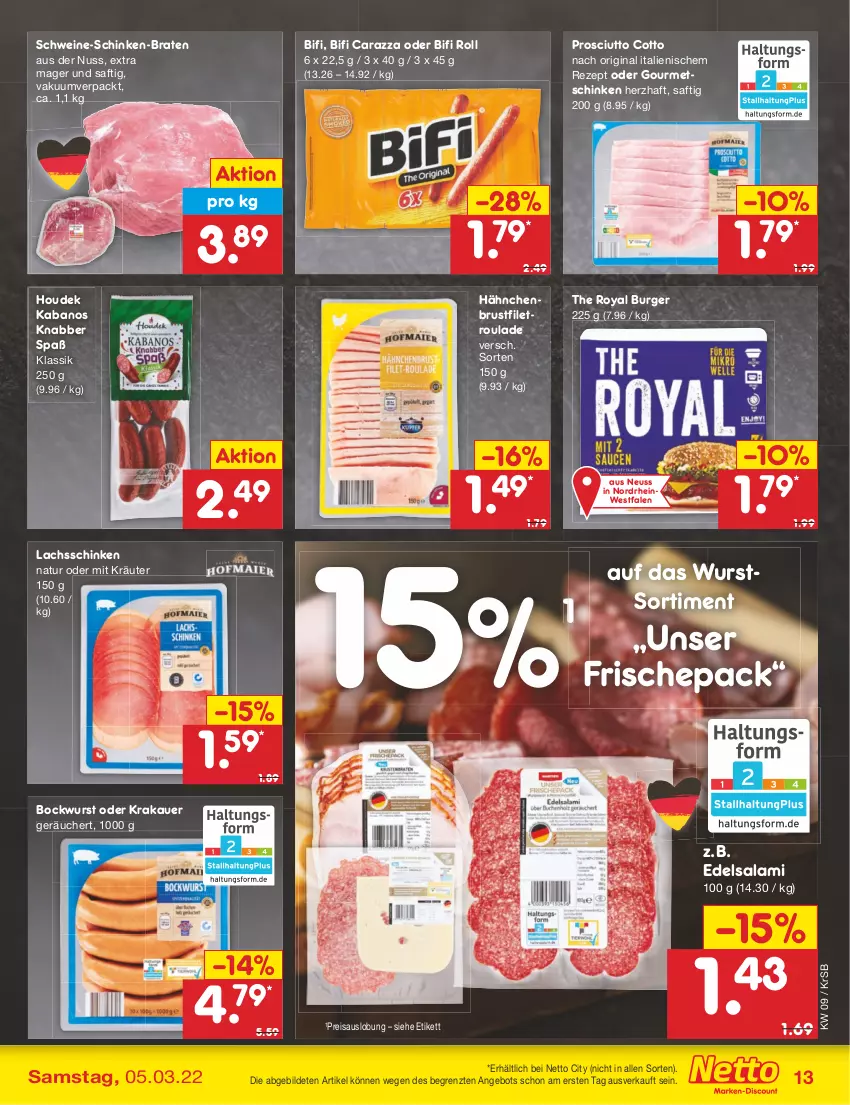 Aktueller Prospekt Netto Marken-Discount - Filial-Angebote - von 28.02 bis 05.03.2022 - strona 13 - produkty: angebot, auer, bifi, bockwurst, braten, brustfilet, burger, Edelsalami, eis, filet, gin, hähnchenbrust, hähnchenbrustfilet, houdek, kabanos, krakauer, kräuter, lachs, lachsschinken, natur, nuss, prosciutto, prosciutto cotto, reis, rezept, saft, salami, schinken, schwein, schweine, Ti, wein, weine, wurst, ZTE