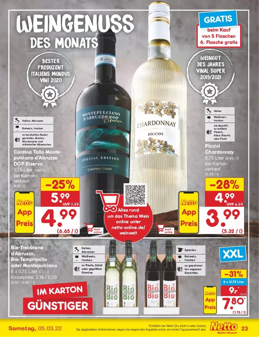 Aktueller Prospekt Netto Marken-Discount - Filial-Angebote - von 28.02 bis 05.03.2022 - strona 23 - produkty: angebot, aperitif, bio, braten, chardonnay, cin, eis, fisch, flasche, fleisch, grill, Käse, LG, monte, Montepulciano, nudel, Nudelgericht, nuss, pasta, reifen, reis, riserva, risotto, rotwein, salat, tempranillo, Ti, wein, Weißwein, wurst, ZTE