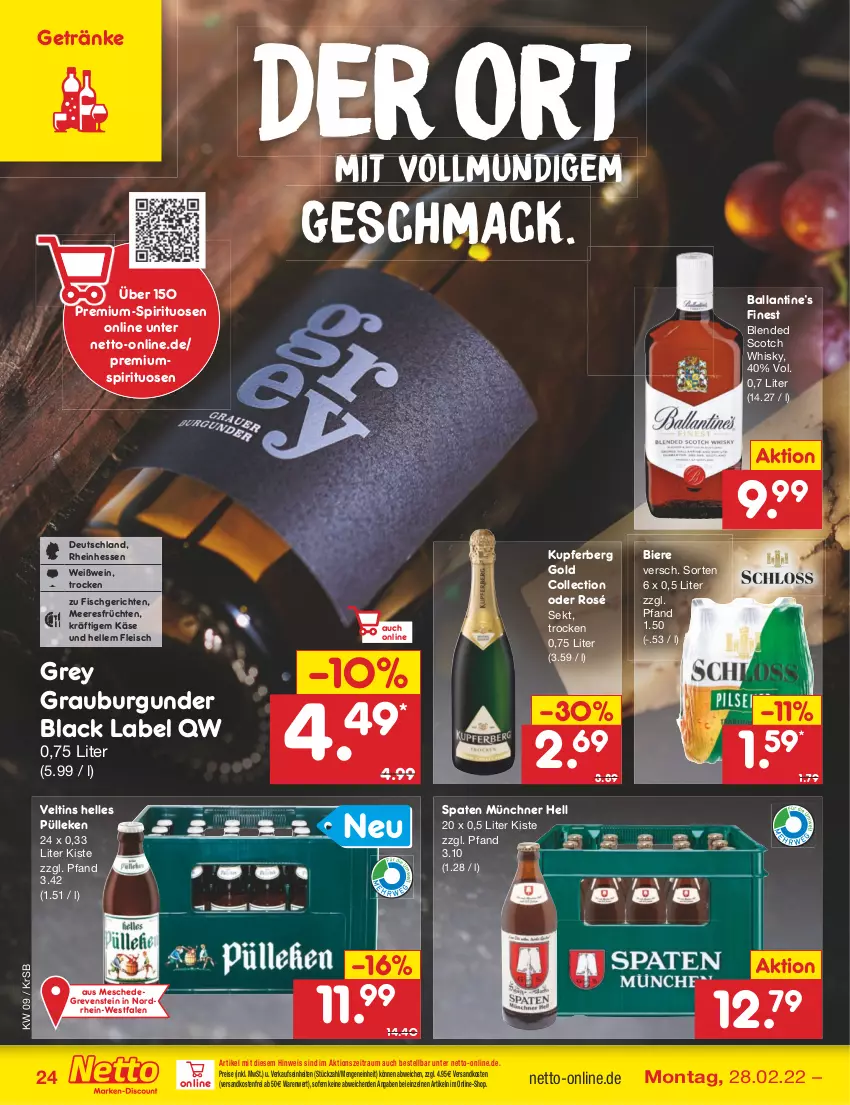 Aktueller Prospekt Netto Marken-Discount - Filial-Angebote - von 28.02 bis 05.03.2022 - strona 24 - produkty: ball, bier, Biere, black label, blended scotch, blended scotch whisky, burgunder, eis, elle, fisch, fleisch, früchte, früchten, getränk, getränke, grauburgunder, Käse, lack, mac, meeresfrüchte, ndk, reis, scotch, scotch whisky, sekt, Spaten, spirituosen, Ti, veltins, versandkostenfrei, wein, Weißwein, whisky