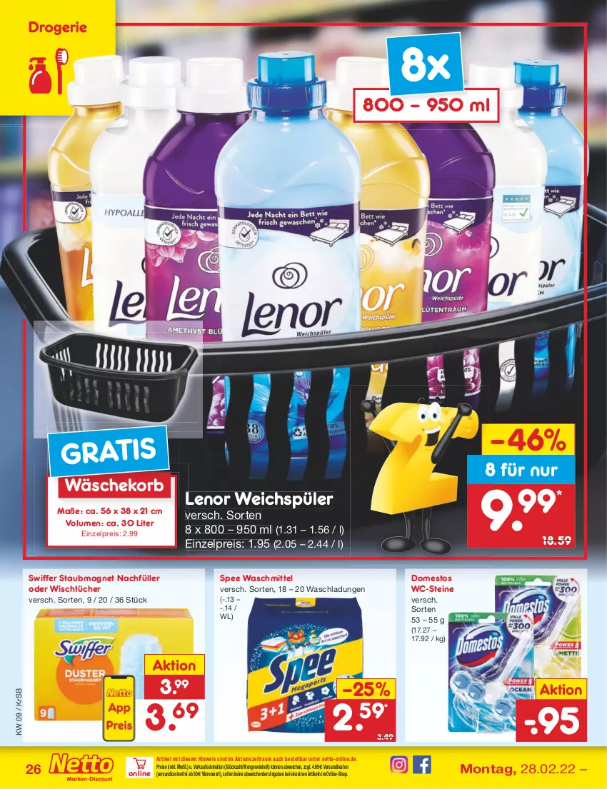 Aktueller Prospekt Netto Marken-Discount - Filial-Angebote - von 28.02 bis 05.03.2022 - strona 26 - produkty: domestos, eis, korb, lenor, lenor weichspüler, ndk, reis, spee, staubmagnet, swiffer, Ti, tücher, versandkostenfrei, wäschekorb, waschmittel, WC-Steine, weichspüler