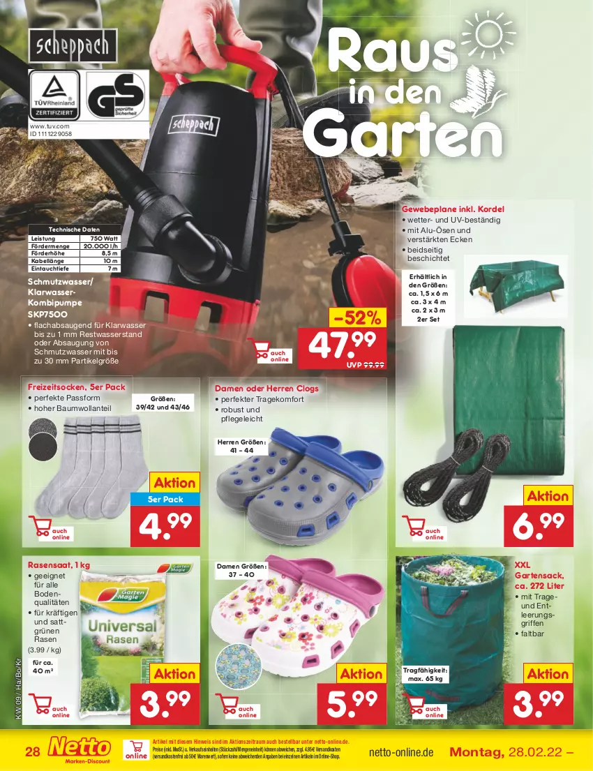 Aktueller Prospekt Netto Marken-Discount - Filial-Angebote - von 28.02 bis 05.03.2022 - strona 28 - produkty: Bau, Clogs, eis, Freizeitsocken, Garten, Gartensack, Gewebeplane, LG, ndk, rasen, reis, sac, socken, Ti, versandkostenfrei, wasser