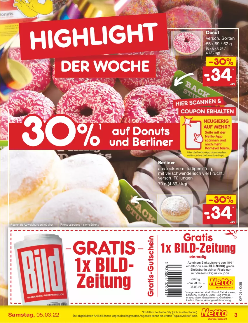 Aktueller Prospekt Netto Marken-Discount - Filial-Angebote - von 28.02 bis 05.03.2022 - strona 3 - produkty: angebot, berliner, buch, coupon, Donut, donuts, eduscho, eis, frucht, gin, guthabenkarte, gutschein, milch, reis, Tchibo, Ti, ZTE