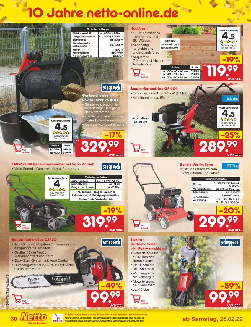 Aktueller Prospekt Netto Marken-Discount - Filial-Angebote - von 28.02 bis 05.03.2022 - strona 30 - produkty: auto, Brei, bürste, bürsten, eis, Elektro, Garten, Gartenhäcksler, gin, gsw, Holz, Kette, Kraut, messer, ndk, rasen, rasenmäher, Reinigung, reis, sac, säge, spee, Ti, Tiere, trommel, versandkostenfrei