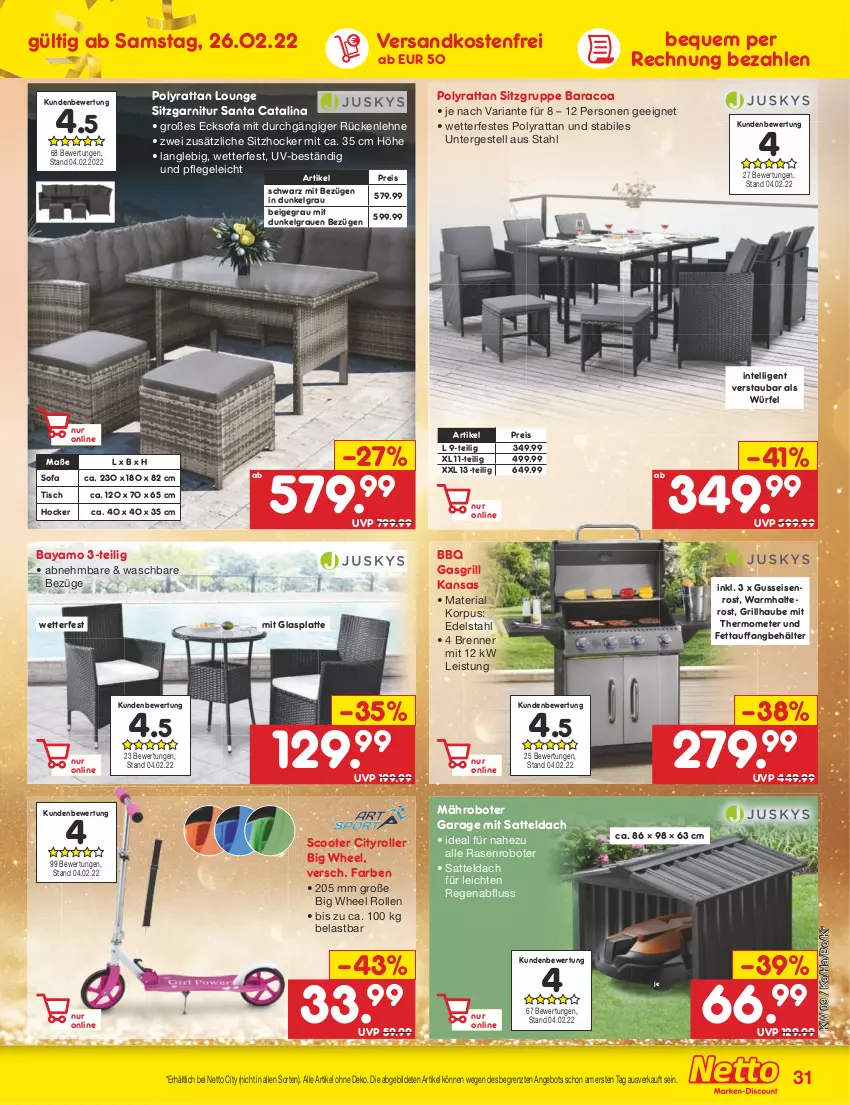 Aktueller Prospekt Netto Marken-Discount - Filial-Angebote - von 28.02 bis 05.03.2022 - strona 31 - produkty: angebot, Behälter, edelstahl, eis, garnitur, gasgrill, glasplatte, grill, hocker, Intel, latte, LG, mähroboter, mit thermometer, ndk, rasen, reis, Ria, Roller, rückenlehne, sattel, scooter, Sofa, thermometer, Ti, tisch, versandkostenfrei, würfel, ZTE