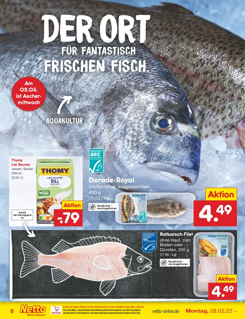 Aktueller Prospekt Netto Marken-Discount - Filial-Angebote - von 28.02 bis 05.03.2022 - strona 8 - produkty: aqua, asti, braten, Dorade, eis, fanta, filet, fisch, küche, Küchen, ndk, reis, Rotbarsch, sauce, thomy, thomy les sauces, Ti, tisch, versandkostenfrei