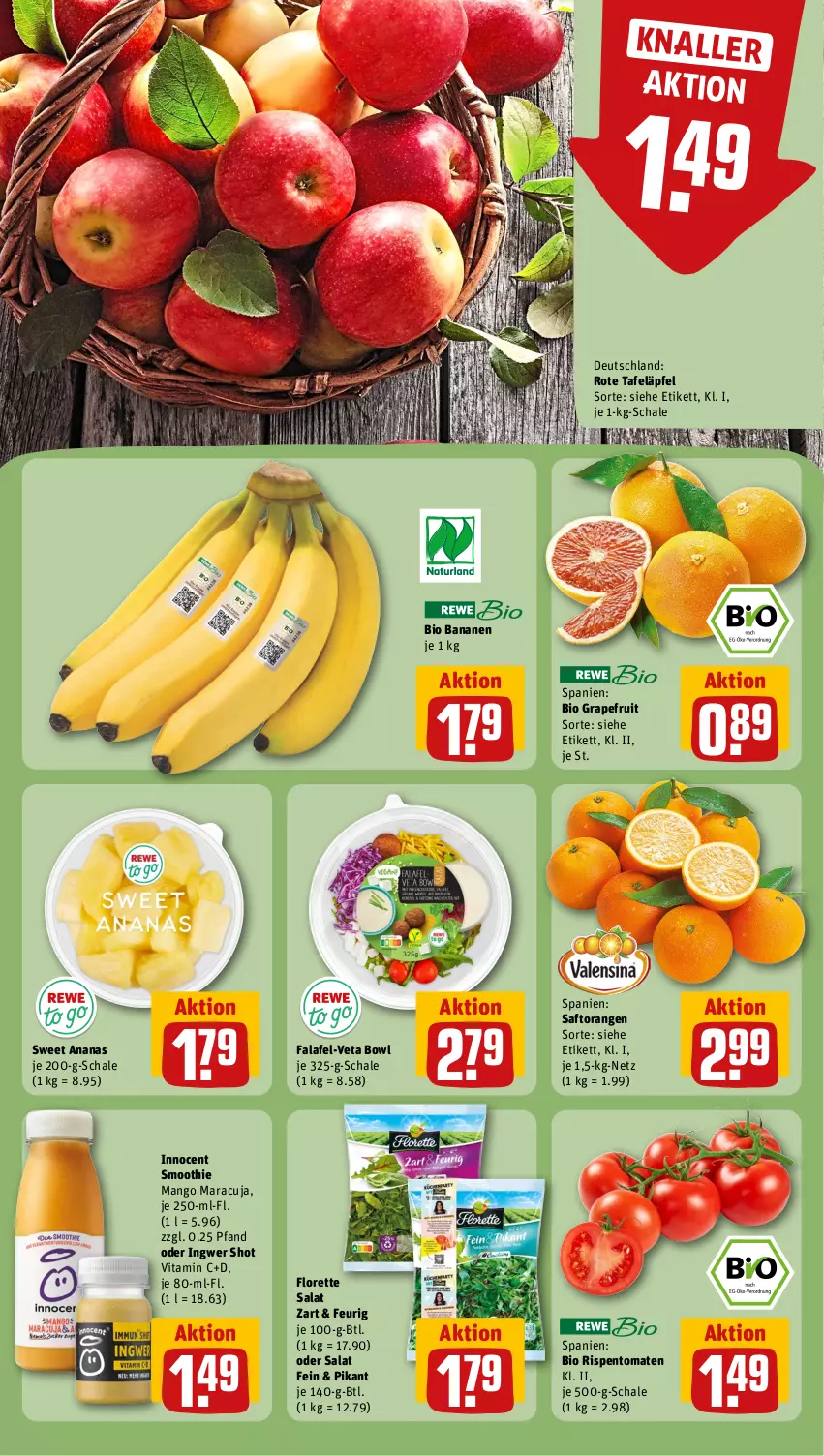 Aktueller Prospekt Rewe - Prospekte - von 13.05 bis 18.05.2024 - strona 10 - produkty: ananas, banane, bananen, bio, Falafel, florette, grapefruit, ingwer, Innocent, mango, maracuja, orange, orangen, rispentomaten, rote tafeläpfel, saft, Saftorangen, salat, Schal, Schale, smoothie, sweet ananas, tafeläpfel, Ti, tomate, tomaten, vita, Vitamin C