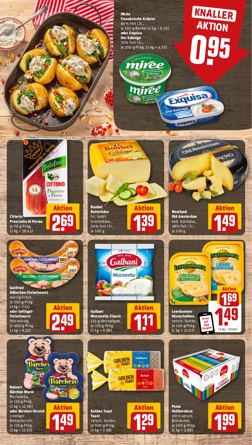 Aktueller Prospekt Rewe - Prospekte - von 13.05 bis 18.05.2024 - strona 13 - produkty: aufstrich, Becher, bonbel, brot, brotaufstrich, butter, butterkäse, coupon, dell, eis, exquisa, fleisch, fleischwurst, galbani, Geflügel, golden toast, gutfried, hartkäse, Käse, käsescheiben, korn, Kornbrot, kräuter, leerdammer, mortadella, mozzarella, Old Amsterdam, prosciutto, Prosciutto di Parma, reinert, reis, rel, schnittkäse, Ti, toast, vollkornbrot, wurst