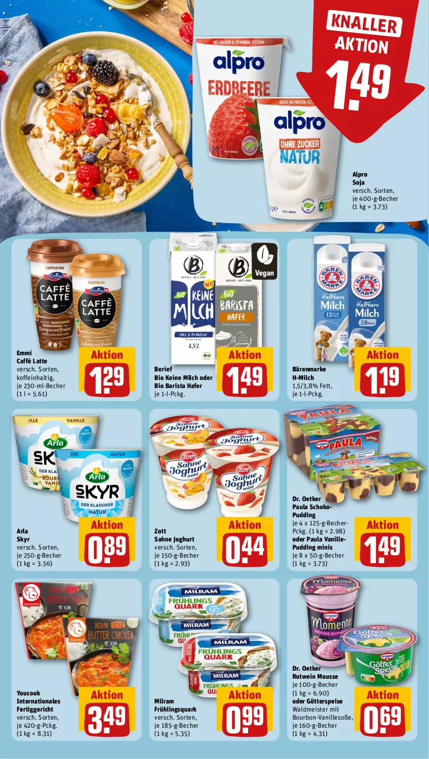 Aktueller Prospekt Rewe - Prospekte - von 13.05 bis 18.05.2024 - strona 14 - produkty: alpro, arla, arla skyr, bärenmarke, Becher, bio, bourbon, caffè latte, Dr. Oetker, eis, emmi, fertiggericht, götterspeise, hafer, joghur, joghurt, latte, Meister, milch, milram, mousse, Paula, pudding, quark, rotwein, sahne, sahne joghurt, schoko, Skyr, soja, Soße, Ti, vanille, waldmeister, wein, Yo, YouCook, zott