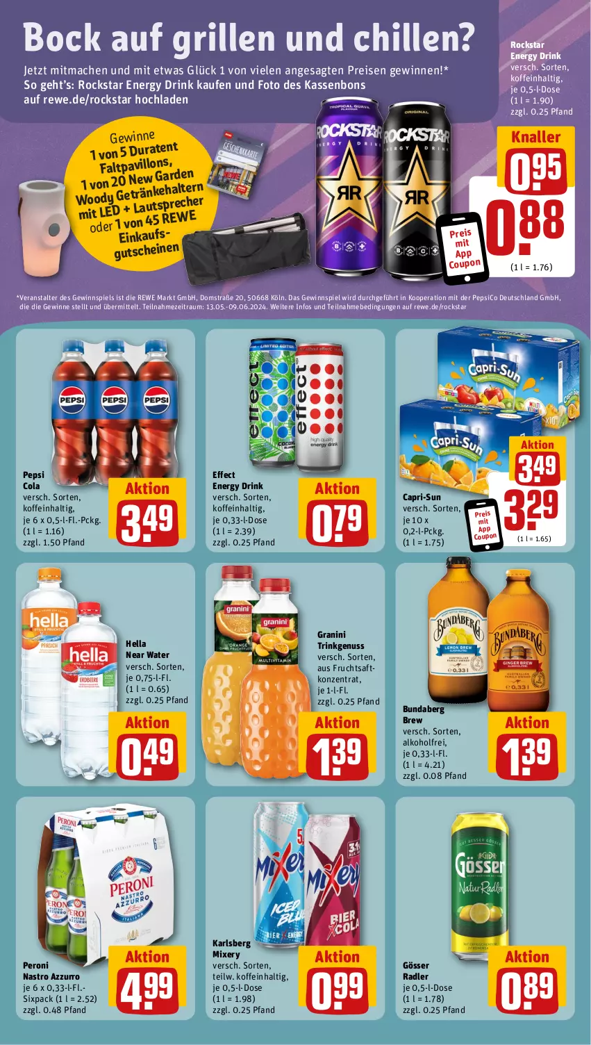 Aktueller Prospekt Rewe - Prospekte - von 13.05 bis 18.05.2024 - strona 17 - produkty: alkohol, Bundaberg, Cap, capri-sun, cola, coupon, drink, Effect, eis, energy drink, frucht, fruchtsaft, gewinnspiel, gösser, granini, grill, gutschein, gutscheine, hella, karlsberg, karlsberg mixery, mac, Mixer, mixery, nuss, pepsi, Pepsi Cola, Peroni, radler, reis, Rockstar, saft, Ti