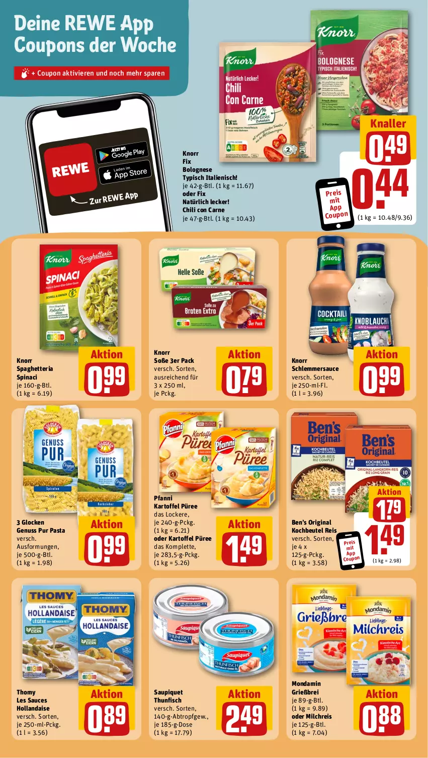 Aktueller Prospekt Rewe - Prospekte - von 13.05 bis 18.05.2024 - strona 18 - produkty: Ben’s Original, beutel, bolognese, Brei, chili, coupon, coupons, eis, fisch, gin, hollandaise, kartoffel, knorr, knorr fix, kochbeutel, milch, milchreis, mondamin, nuss, pasta, pfanni, püree, reis, Ria, sauce, saupiquet, schlemmersauce, Soße, thomy, thomy les sauces, thunfisch, Ti