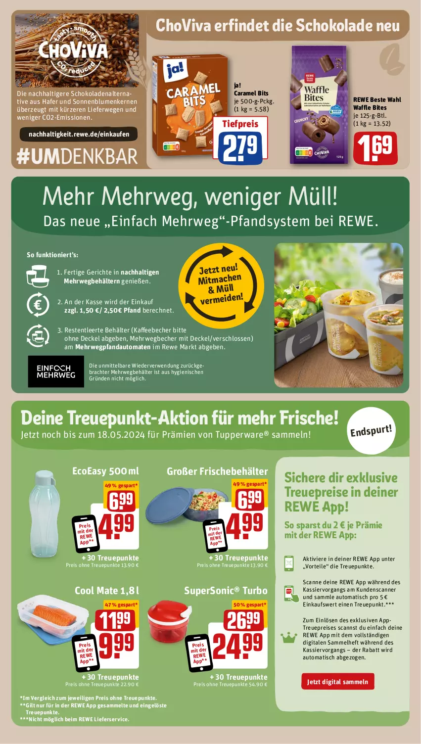 Aktueller Prospekt Rewe - Prospekte - von 13.05 bis 18.05.2024 - strona 21 - produkty: auto, Becher, Behälter, bites, blume, blumen, caramel, chovi, decke, Deckel, eis, hafer, kaffee, kaffeebecher, lieferservice, mac, reis, rewe beste wahl, rwe, Scanner, schoko, schokolade, schokoladen, sonnenblume, sonnenblumen, Sonnenblumenkerne, sonnenblumenkernen, Ti, tiefpreis, tisch, tomate, tomaten, Tupperware