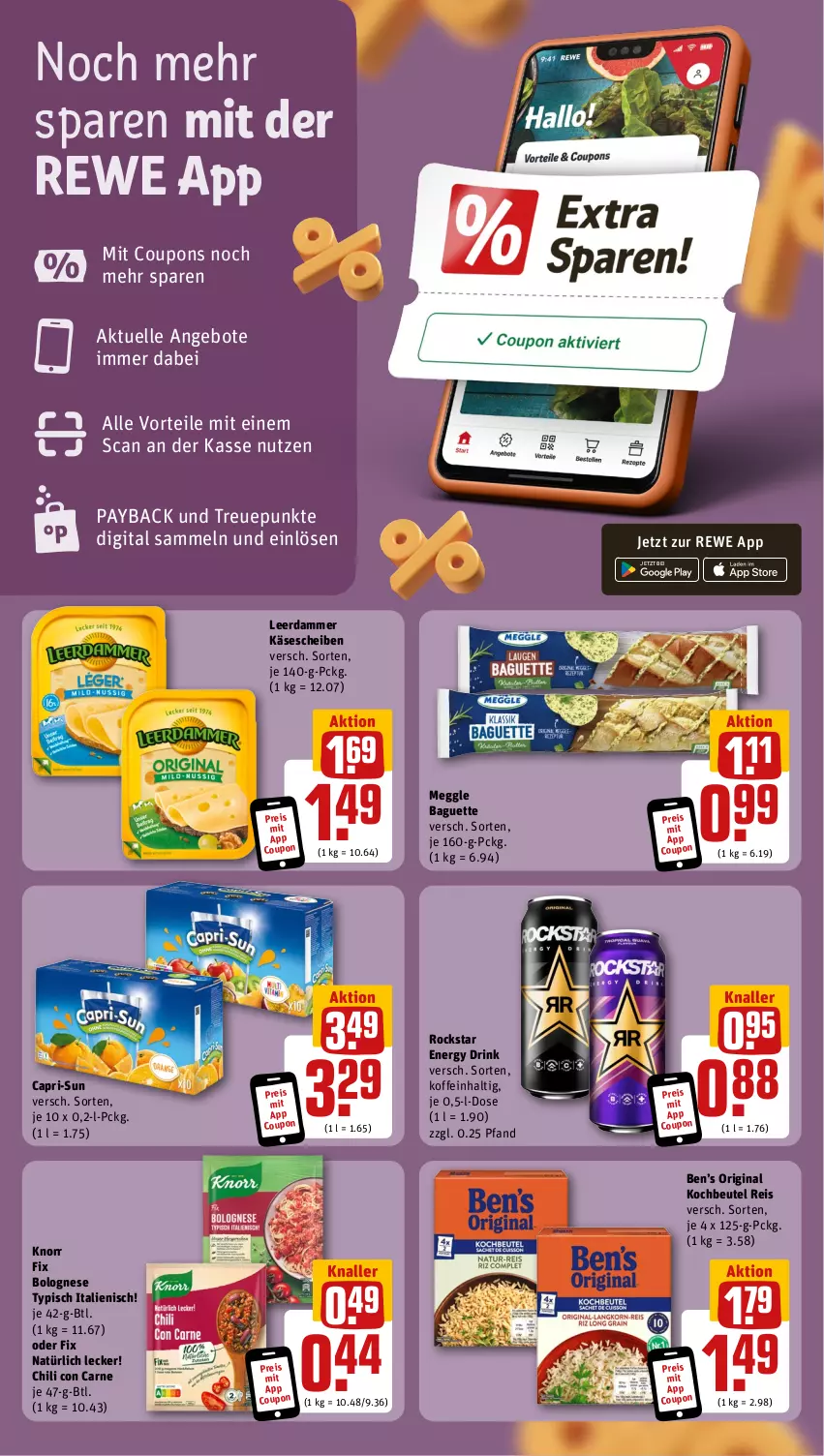 Aktueller Prospekt Rewe - Prospekte - von 13.05 bis 18.05.2024 - strona 3 - produkty: angebot, angebote, baguette, Ben’s Original, beutel, bolognese, Cap, capri-sun, chili, coupon, coupons, drink, eis, elle, energy drink, gin, Käse, käsescheiben, knorr, knorr fix, kochbeutel, leerdammer, meggle, payback, reis, Rockstar, Ti