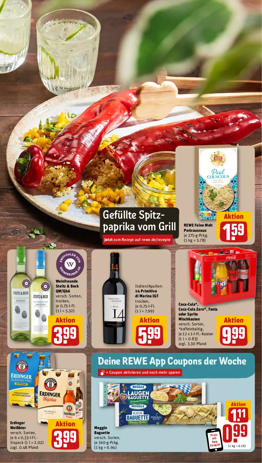 Aktueller Prospekt Rewe - Prospekte - von 13.05 bis 18.05.2024 - strona 7 - produkty: baguette, bier, coca-cola, cola, coupon, coupons, couscous, eis, erdinger, fanta, fanta oder, fanta oder sprite, grill, meggle, oder sprite, paprika, primitivo, reis, rewe feine welt, rezept, rezepte, Spitzpaprika, sprite, Ti, wein