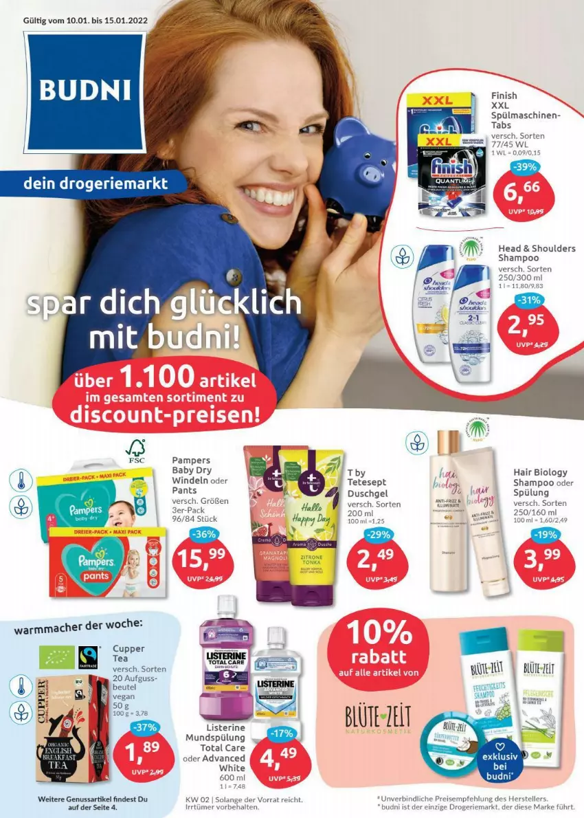 Aktueller Prospekt Budni - Prospekte - von 10.01 bis 15.01.2022 - strona 1 - produkty: beutel, bio, Blüte, duschgel, eis, elle, Finish, listerine, mac, mundspülung, nuss, pampers, pampers baby dry, Pants, reis, shampoo, spülmaschinen, spülung, teller, Ti, total care, windeln, windeln oder pants