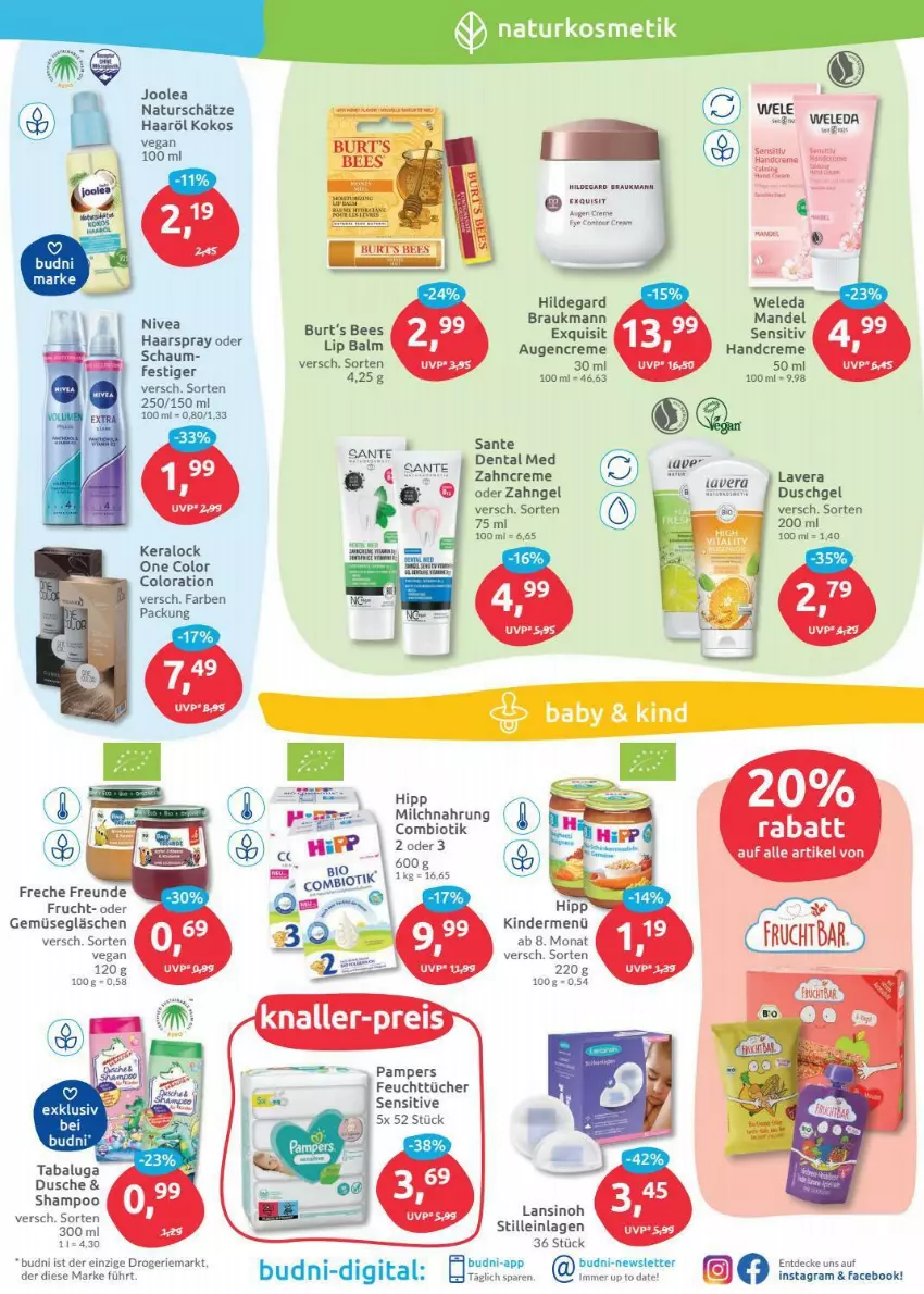 Aktueller Prospekt Budni - Prospekte - von 10.01 bis 15.01.2022 - strona 3 - produkty: bio, creme, decke, dusche, duschgel, feuchttücher, freche freunde, frucht, handcreme, Kinder, kokos, kosmetik, lavera, mandel, mehl, milch, natur, naturkosmetik, pampers, SANTE, shampoo, Ti, tücher, weleda, zahncreme