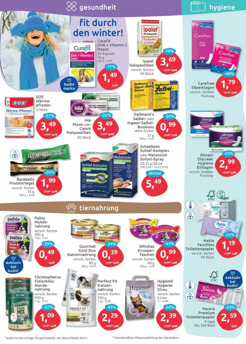 Aktueller Prospekt Budni - Prospekte - von 10.01 bis 15.01.2022 - strona 5 - produkty: Alwa, Always, asti, bonbons, carefree, cassis, Discreet, eis, elle, feuchtes toilettenpapier, fleisch, Gesundheit, hakle, ingwer, Ipalat, katzennahrung, natur, papier, Perfect Fit, pflaster, rebell, reis, riegel, Schaebens, slip, slipeinlagen, Tasche, taschen, teller, Ti, toilettenpapier, vita, Vitamin C, whiskas, zucker